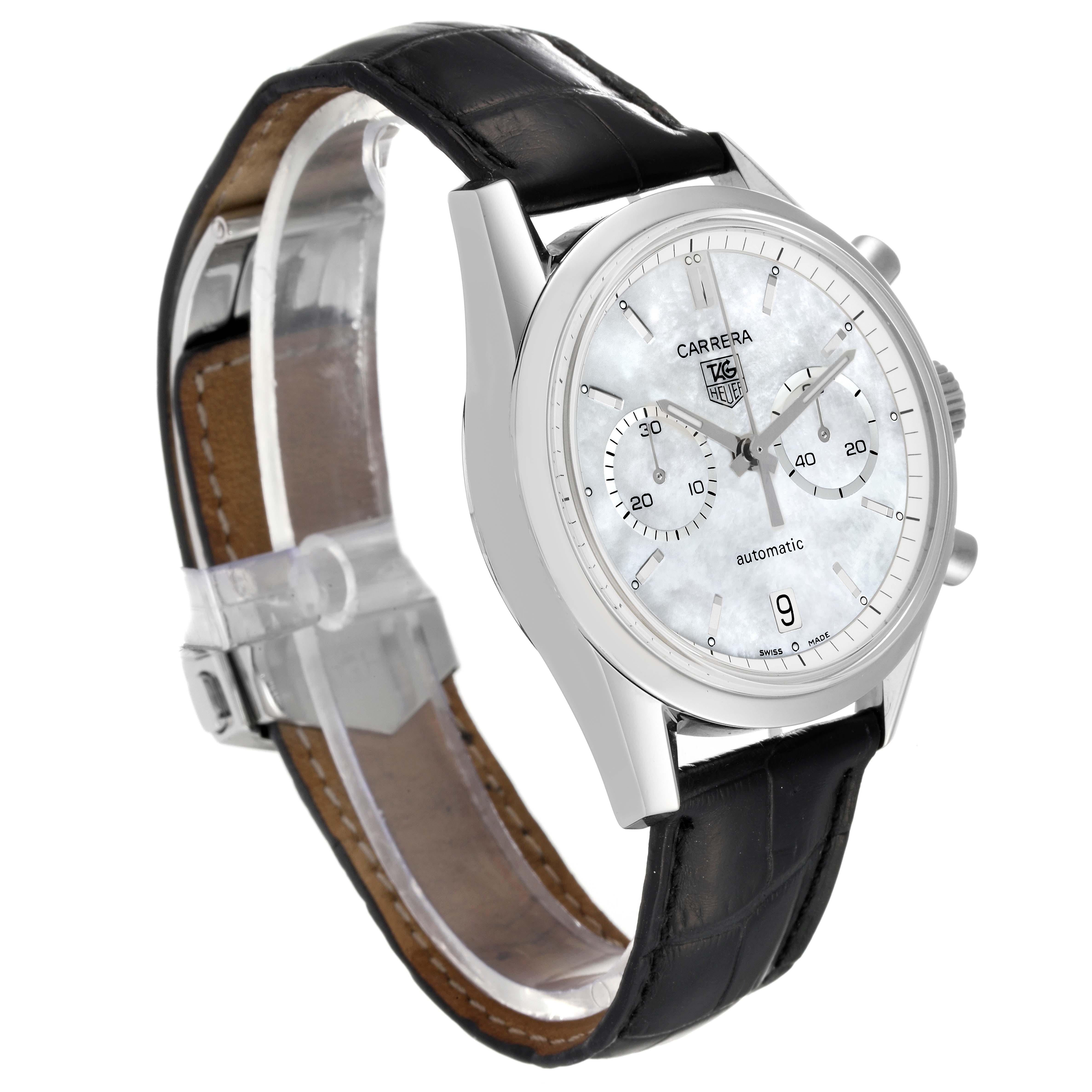 The image shows a Tag Heuer Carrera CV2115 Men's Stainless Steel Mother of Pearl Dial CV2115 Men's Stainless Steel Mother of Pearl Dial watch angled from the front-left, featuring its face, chronograph subdials, side buttons, and leather strap.