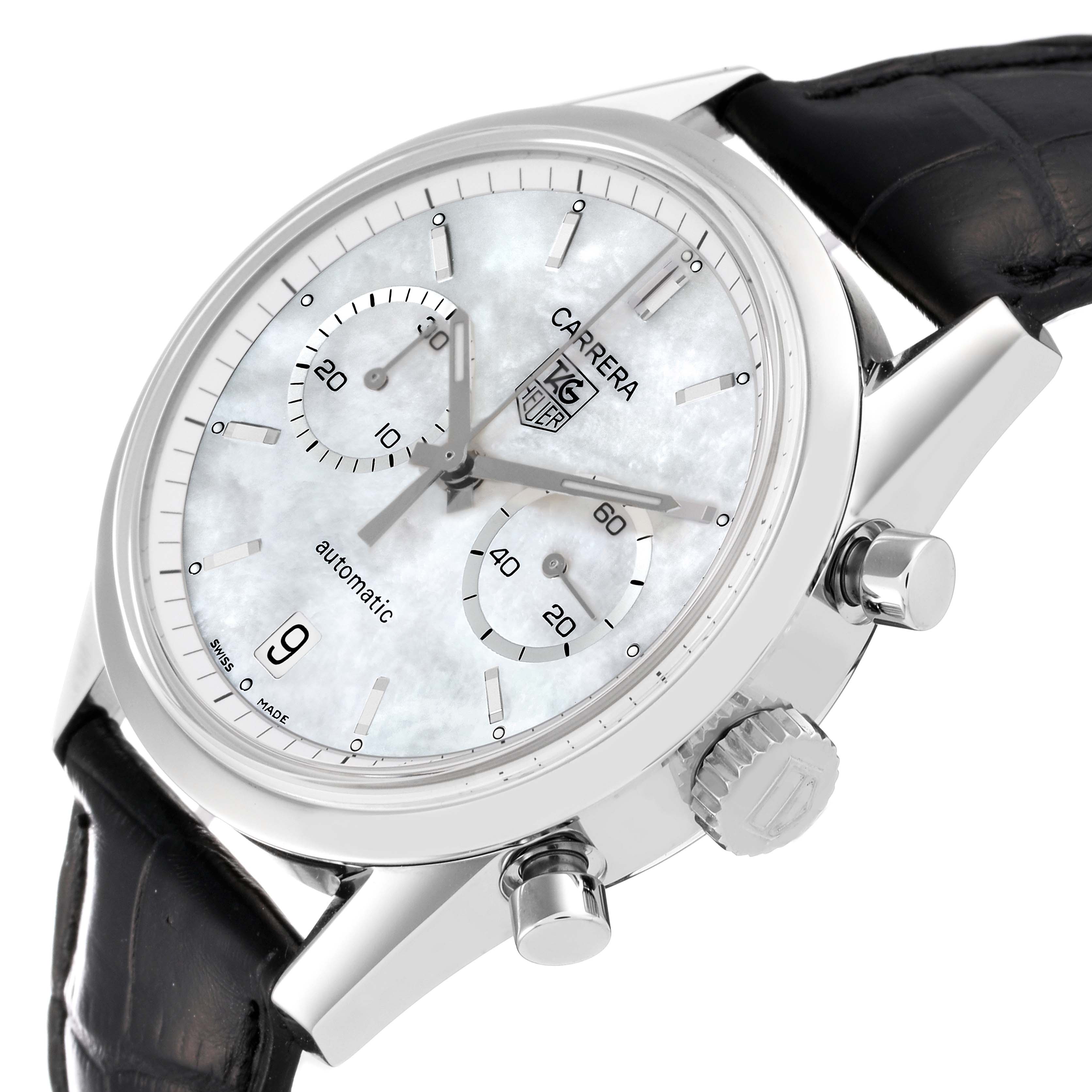 The image shows a side angle view of the Tag Heuer Carrera CV2115 Men's Stainless Steel Mother of Pearl Dial CV2115 Men's Stainless Steel Mother of Pearl Dial watch, highlighting the dial, chronograph buttons, and crown.