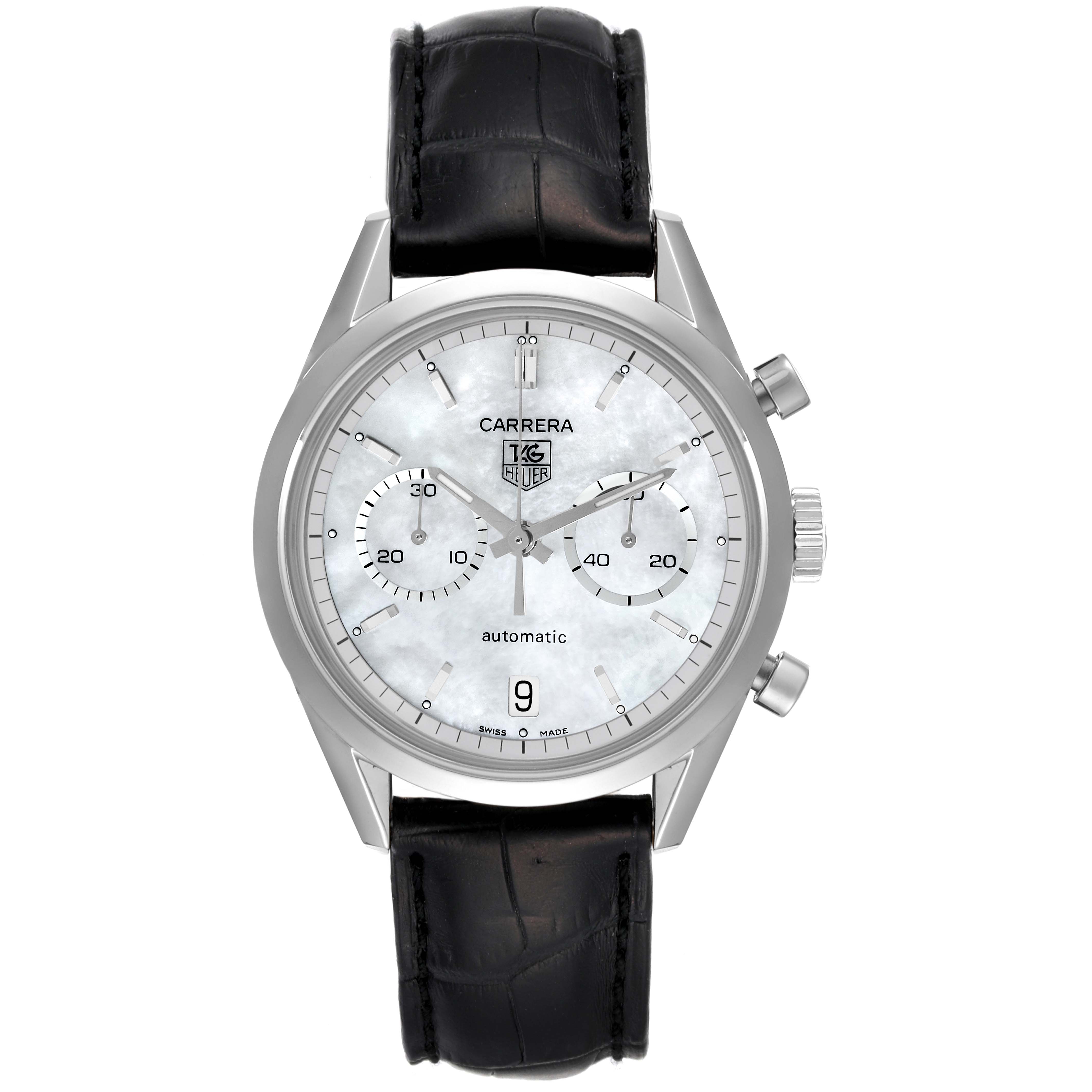 The Tag Heuer Carrera CV2115 Men's Stainless Steel Mother of Pearl Dial CV2115 Men's Stainless Steel Mother of Pearl Dial watch is shown from a front angle, displaying the face, chronograph, and leather strap.