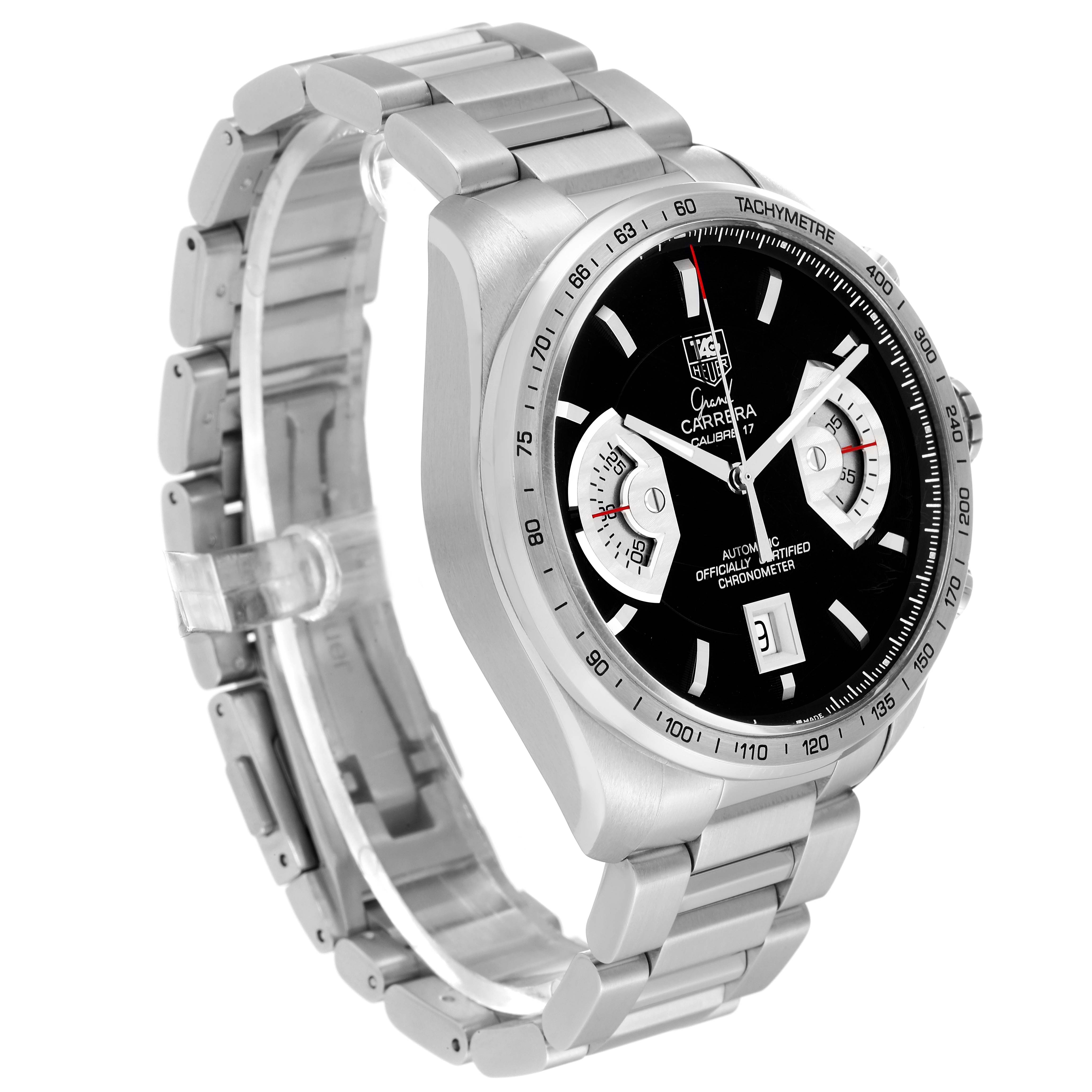 The Tag Heuer Carrera CAV511A.FC6225 Men's Stainless Steel Black Dial CAV511A.FC6225 Men's Stainless Steel Black Dial watch is shown at an angled side view, displaying its stainless steel case, bracelet, and black dial with subdials.
