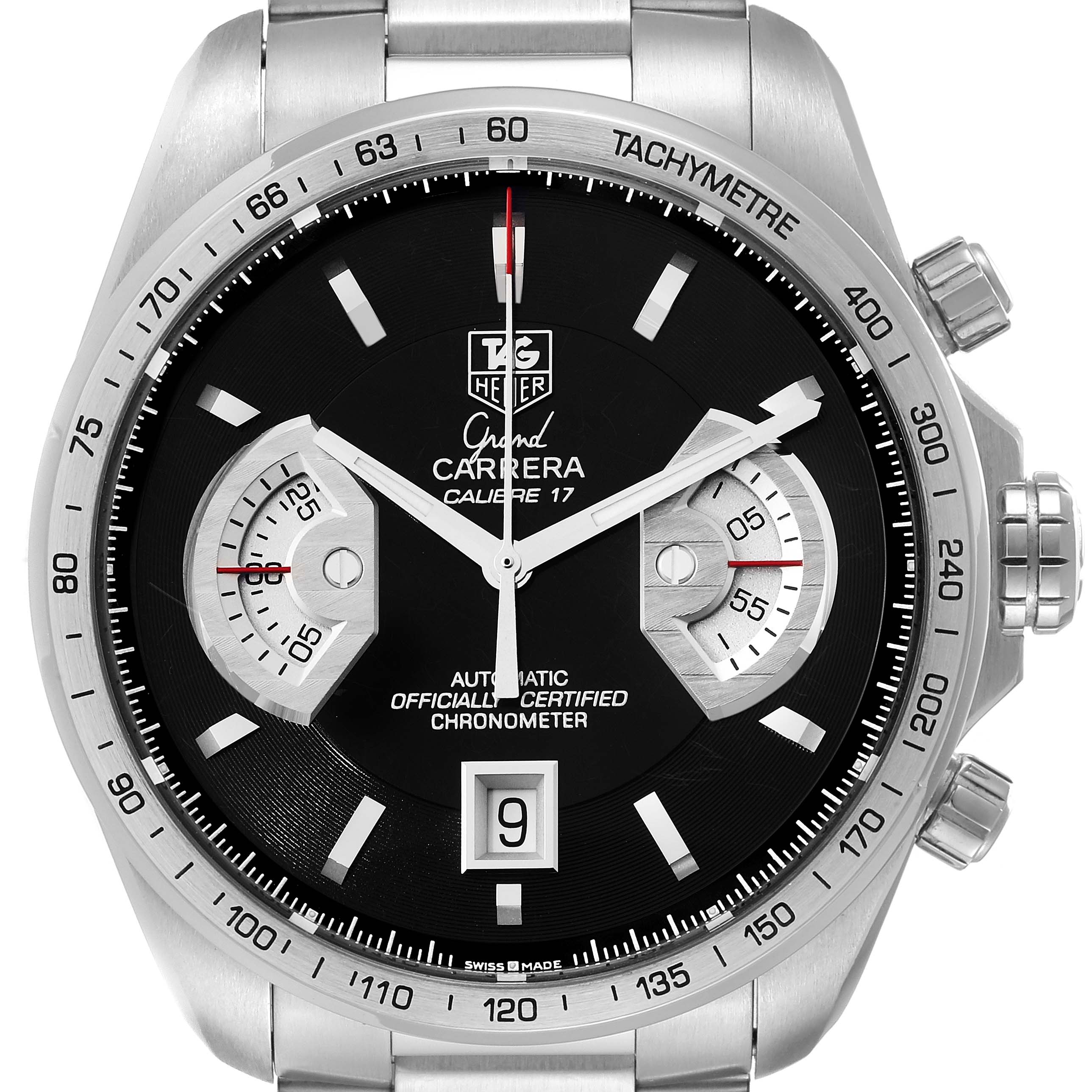 This image shows the face of a Tag Heuer Carrera CAV511A.FC6225 Men's Stainless Steel Black Dial CAV511A.FC6225 Men's Stainless Steel Black Dial watch, featuring chronograph sub-dials, tachymetre scale, date window, and pushers.