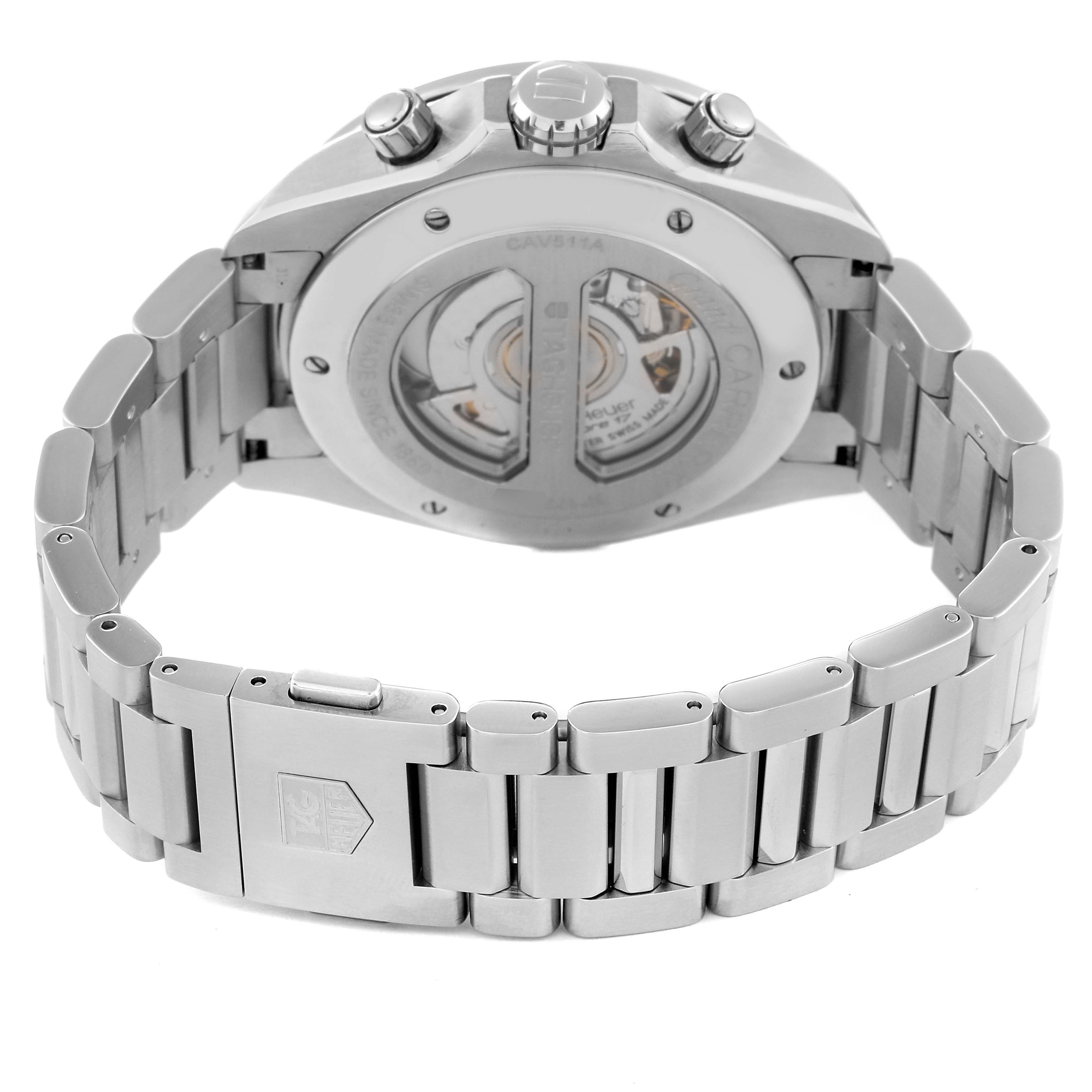 The image shows the back view of a Tag Heuer Carrera CAV511A.FC6225 Men's Stainless Steel Black Dial CAV511A.FC6225 Men's Stainless Steel Black Dial watch, highlighting the case back and stainless steel bracelet.