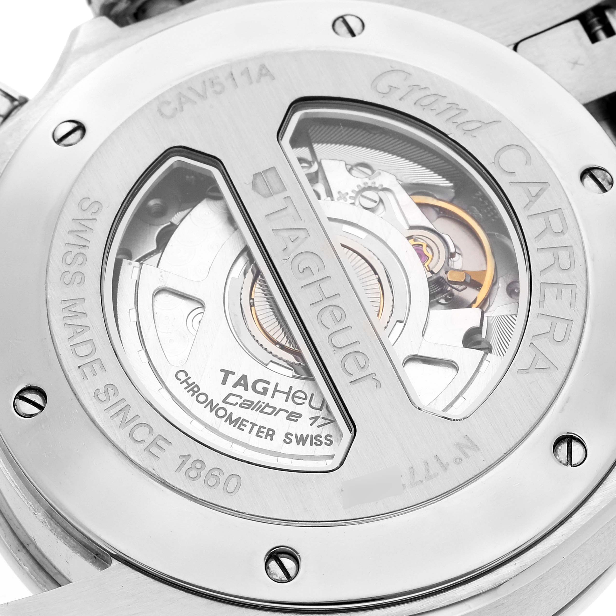 The image shows the back case of a Tag Heuer Carrera CAV511A.FC6225 Men's Stainless Steel Black Dial CAV511A.FC6225 Men's Stainless Steel Black Dial watch, displaying the movement mechanism.