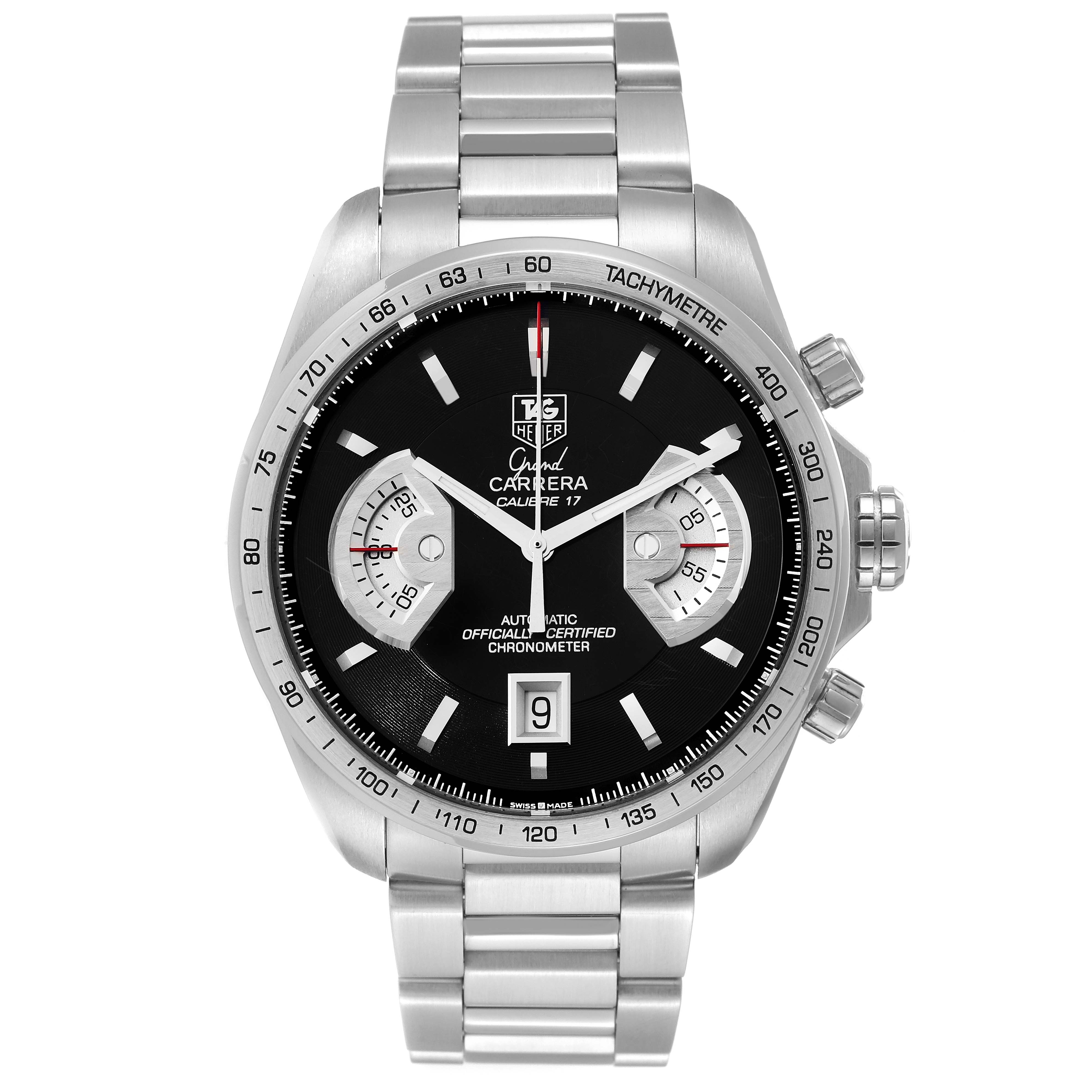 The image shows a front view of the Tag Heuer Carrera CAV511A.FC6225 Men's Stainless Steel Black Dial CAV511A.FC6225 Men's Stainless Steel Black Dial watch, highlighting its black dial, date window, chronograph subdials, and stainless steel bracelet.