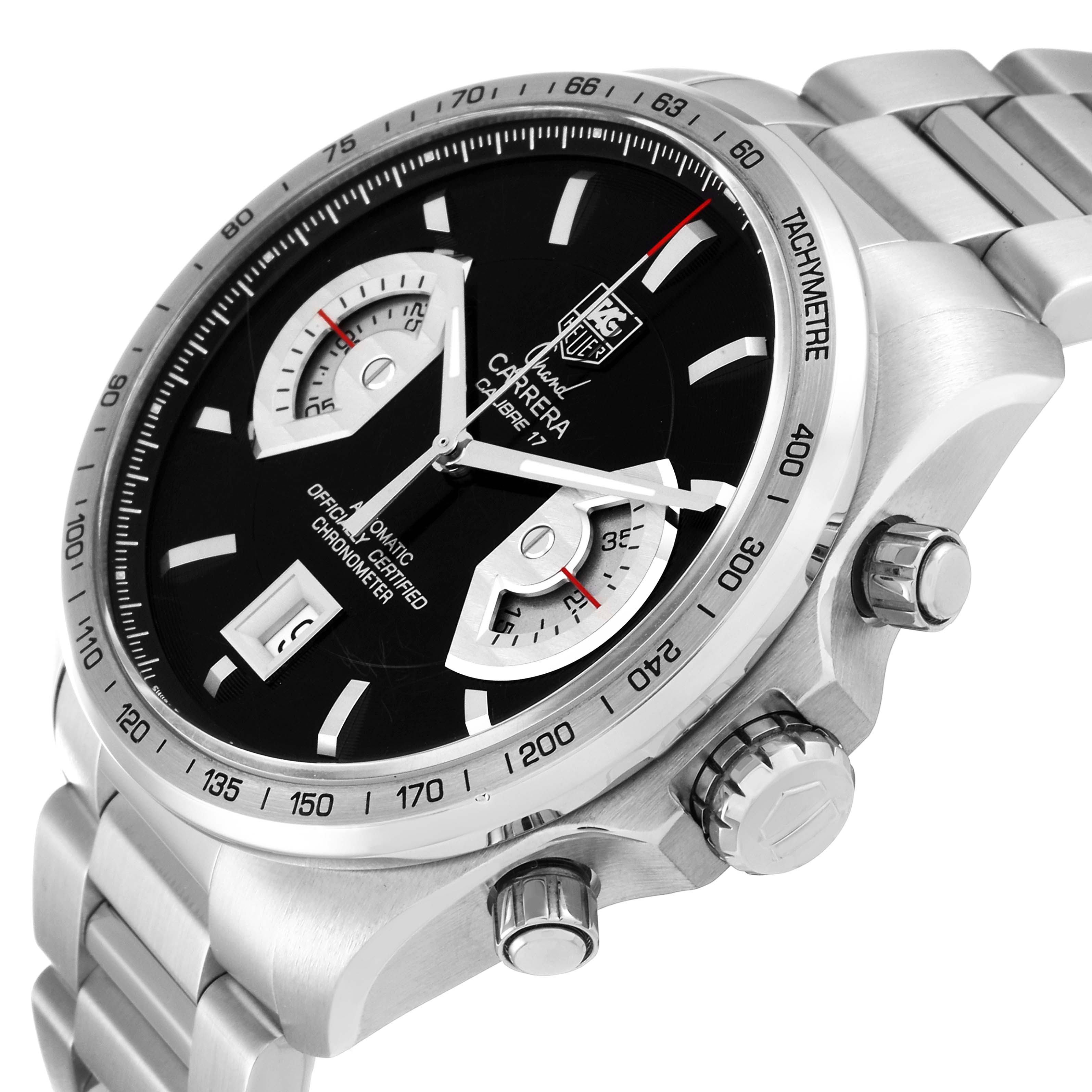 The image shows a close-up angle of the face and side of the Tag Heuer Carrera CAV511A.FC6225 Men's Stainless Steel Black Dial CAV511A.FC6225 Men's Stainless Steel Black Dial watch, highlighting the dial, bezel, and crown.