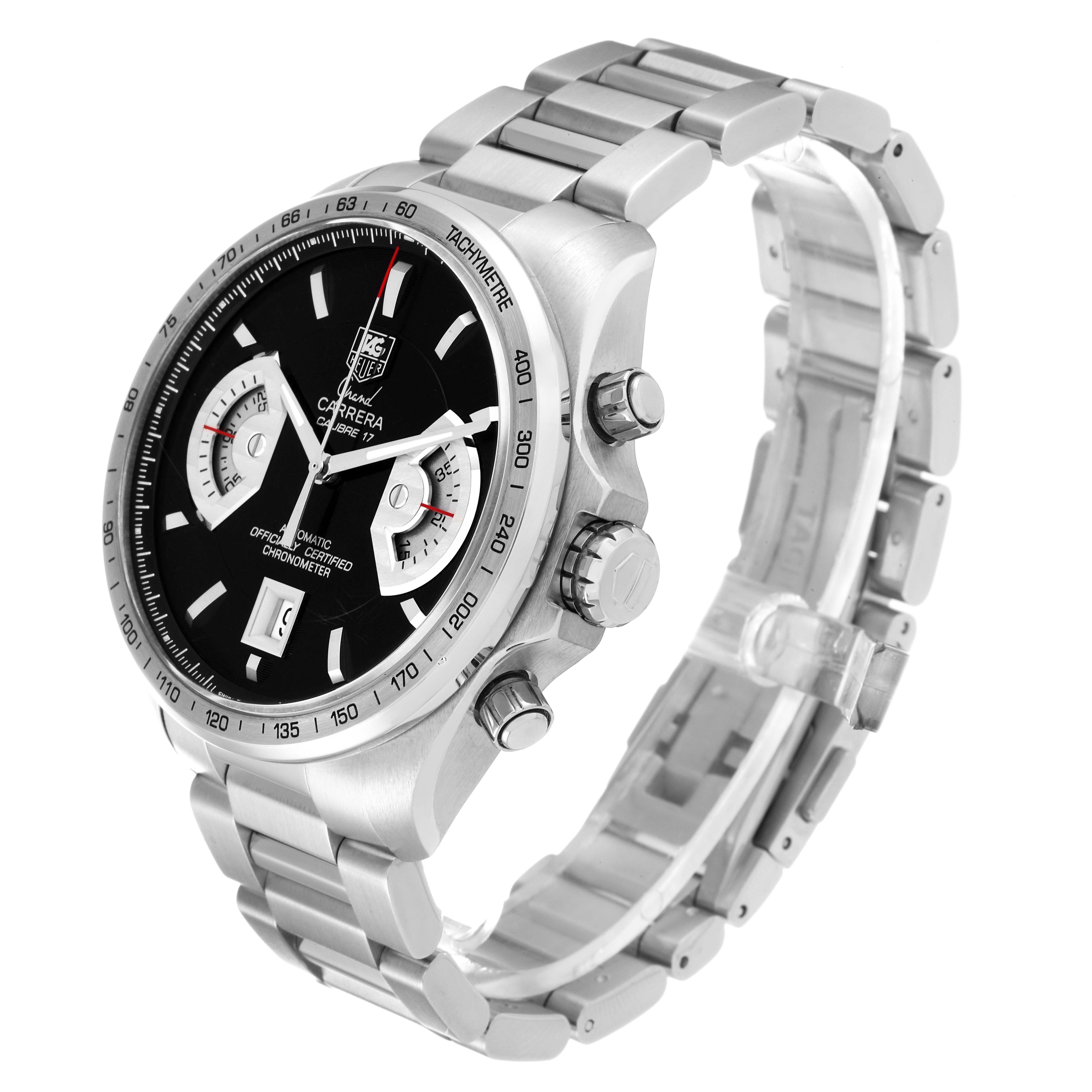 The Tag Heuer Carrera CAV511A.FC6225 Men's Stainless Steel Black Dial CAV511A.FC6225 Men's Stainless Steel Black Dial watch is shown at a three-quarter angle, displaying its dial, bezel, crown, and metal bracelet.