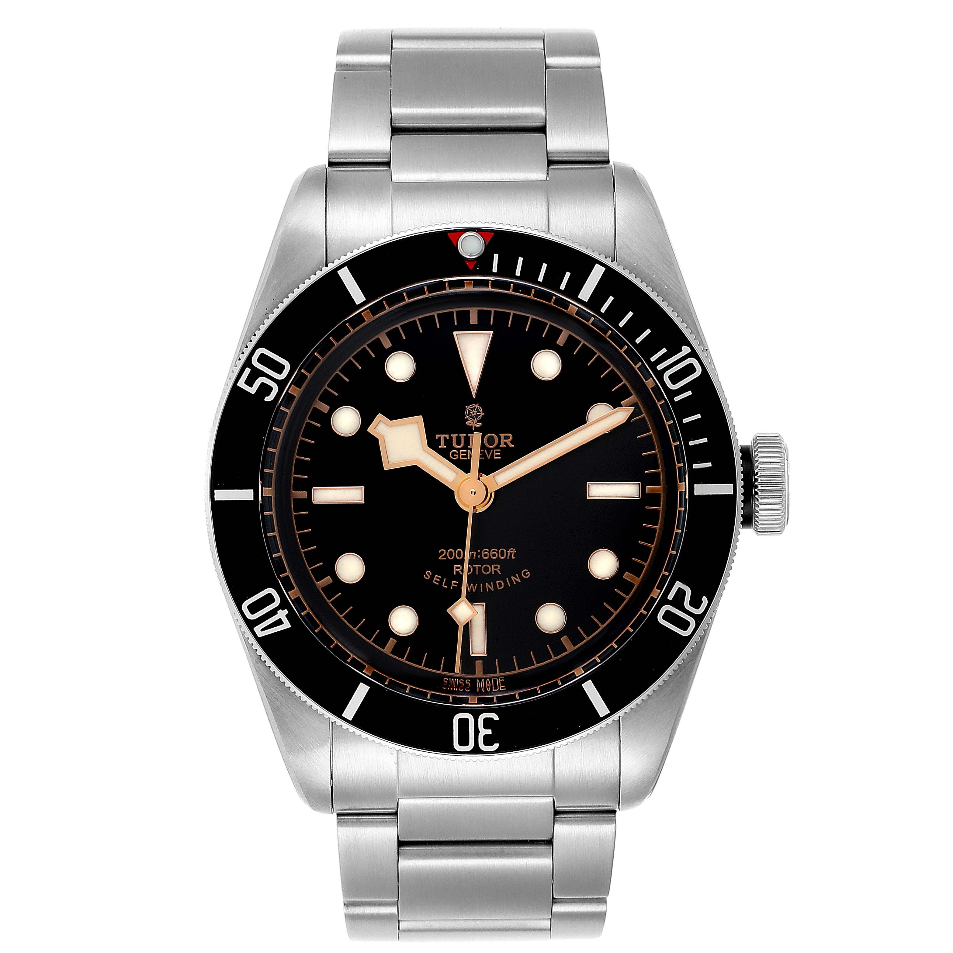 The image shows a front view of the Tudor Heritage Black Bay 79220R Men
s Stainless Steel Black Dial 79220R Men
s Stainless Steel Black Dial watch, highlighting the dial, bezel, and stainless steel bracelet.