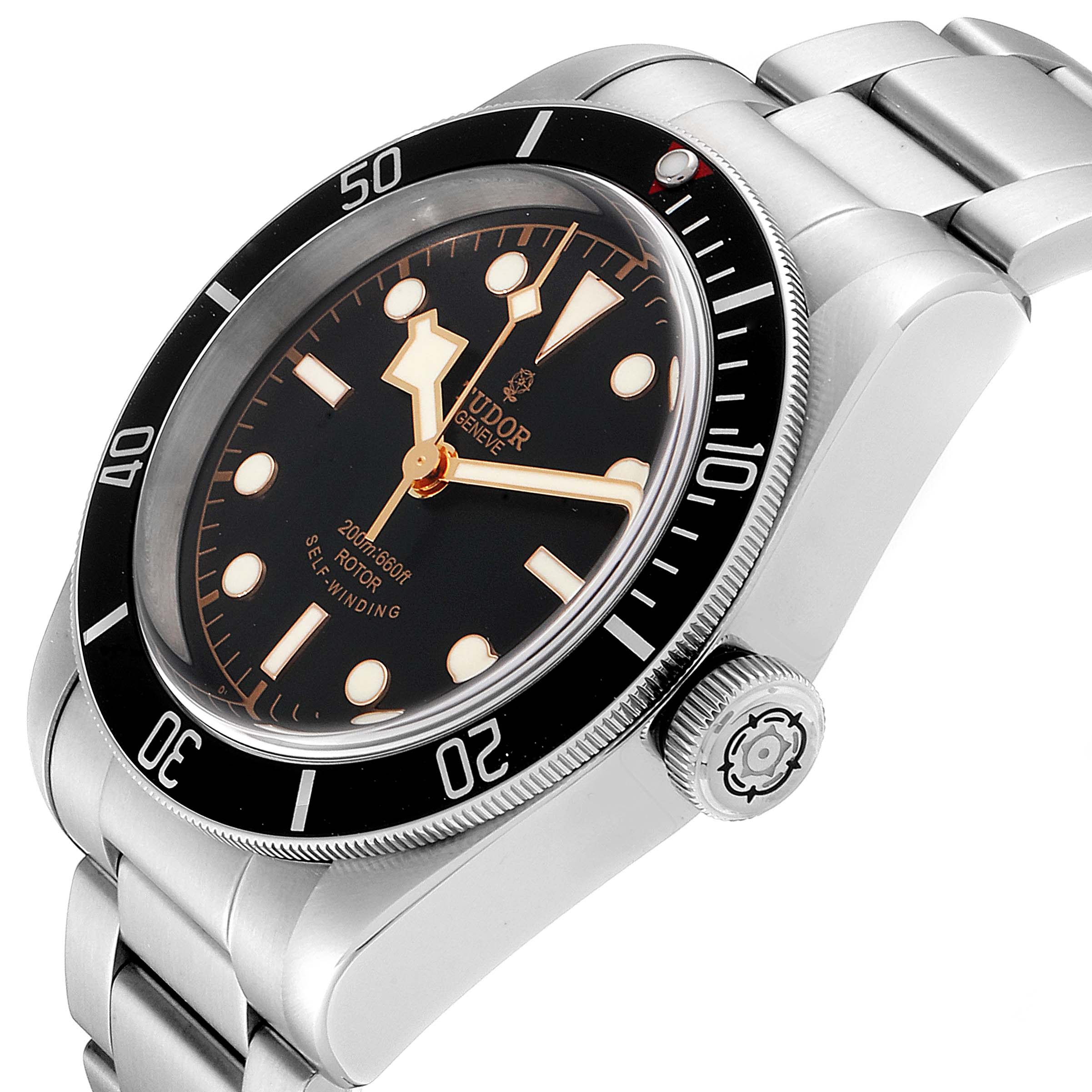 The image shows a Tudor Heritage Black Bay 79220R Men
s Stainless Steel Black Dial 79220R Men
s Stainless Steel Black Dial watch from a front angled view, highlighting the bezel, dial, and stainless steel bracelet.
