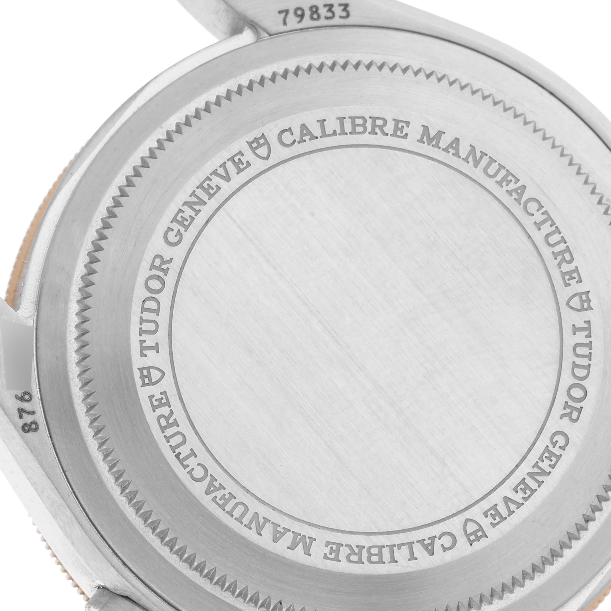 This image shows the back case of the Tudor Heritage Black Bay 79833MN Men's Stainless Steel Black Dial 79833MN Men's Stainless Steel Black Dial watch, highlighting its "Calibre Manufacture" engraving.