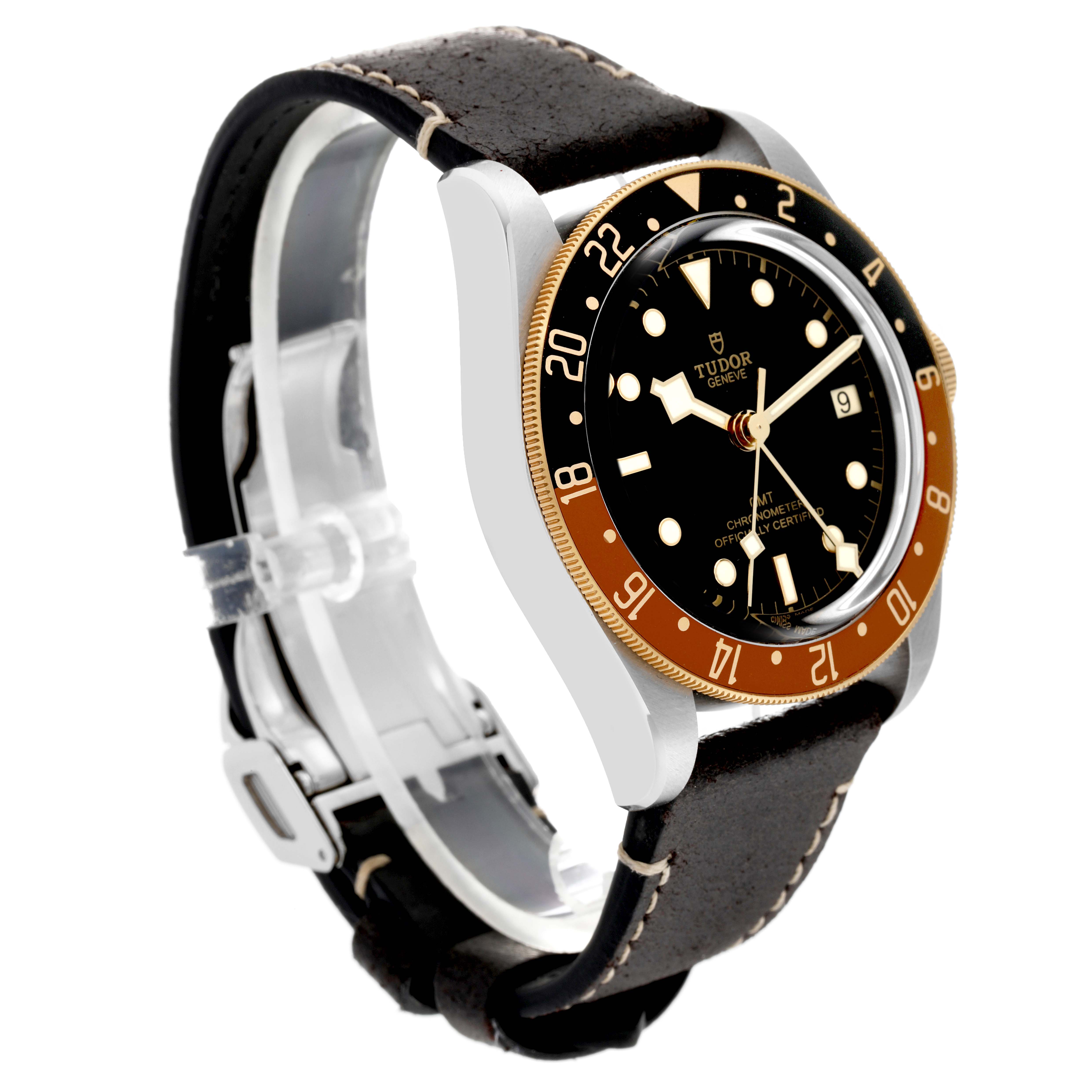 The Tudor Heritage Black Bay 79833MN Men's Stainless Steel Black Dial 79833MN Men's Stainless Steel Black Dial watch is shown at an angle, highlighting the face, bezel, case, and leather strap.