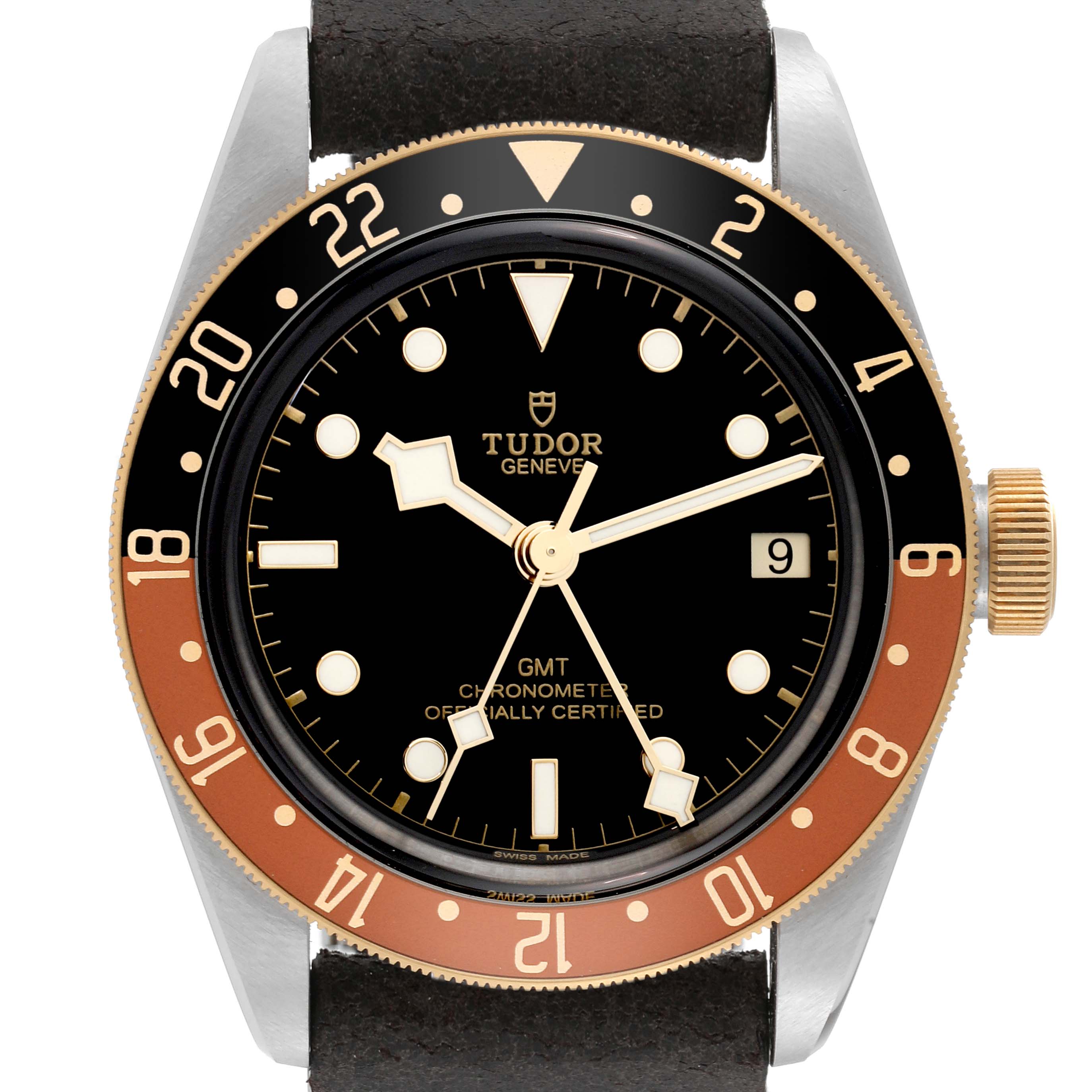 The image shows a front view of the Tudor Heritage Black Bay 79833MN Men's Stainless Steel Black Dial 79833MN Men's Stainless Steel Black Dial watch, displaying its dial, bezel, crown, and part of the strap.
