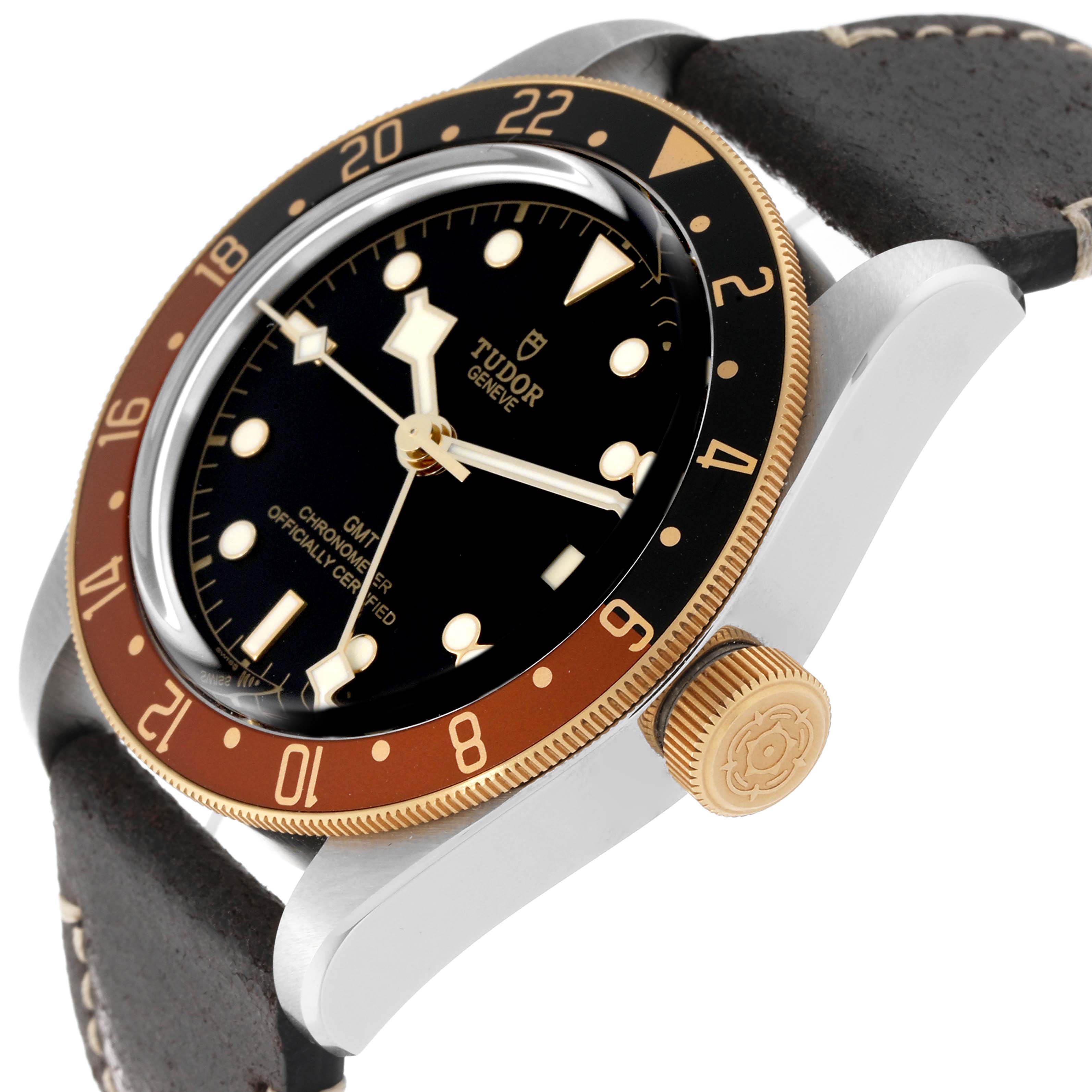 The image shows a close-up side view of the Tudor Heritage Black Bay 79833MN Men's Stainless Steel Black Dial 79833MN Men's Stainless Steel Black Dial GMT watch, highlighting its dial, bezel, and crown.