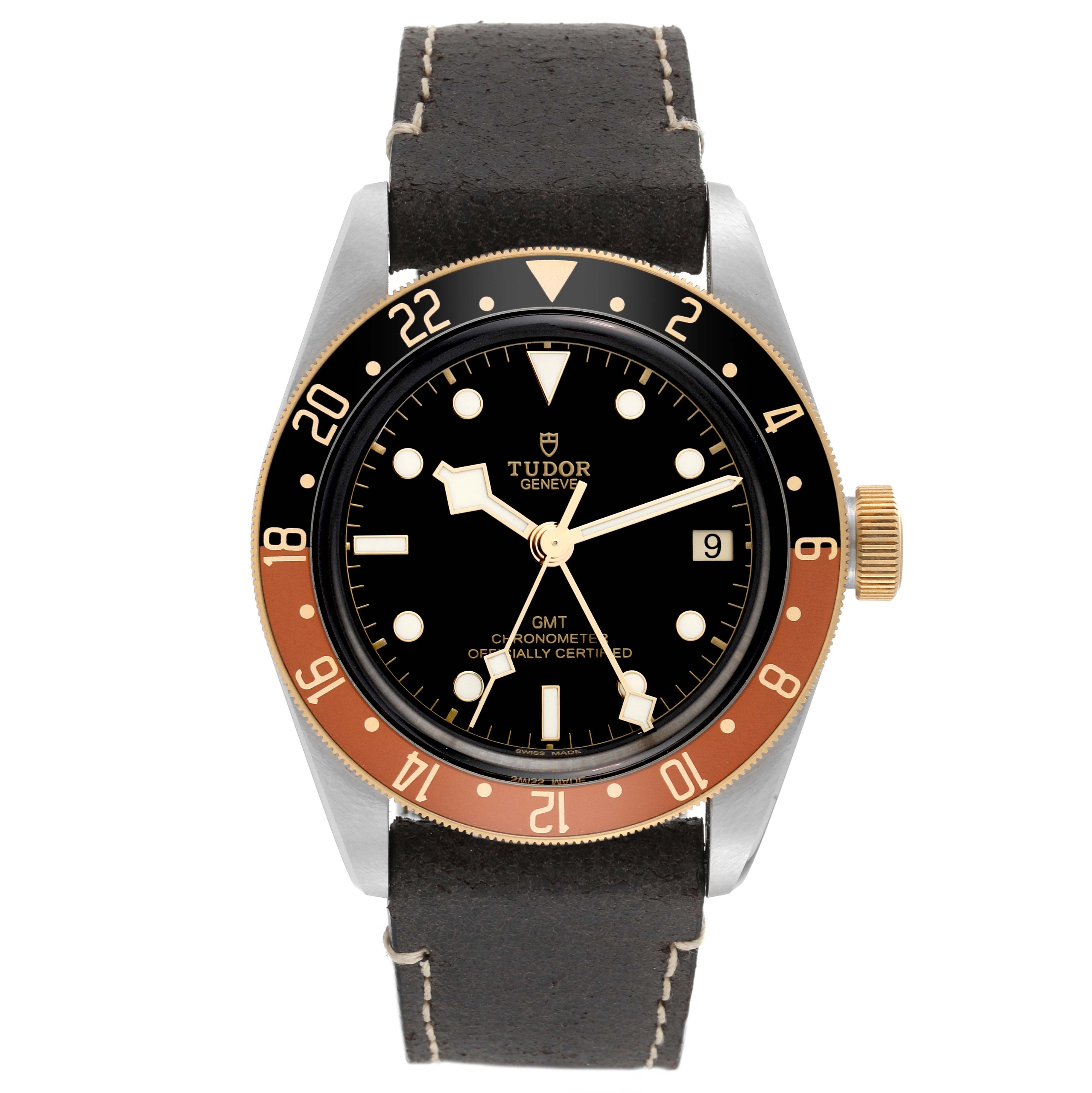 The image shows a front view of the Tudor Heritage Black Bay 79833MN Men's Stainless Steel Black Dial 79833MN Men's Stainless Steel Black Dial GMT watch, featuring a black dial, two-tone bezel, and brown leather strap.