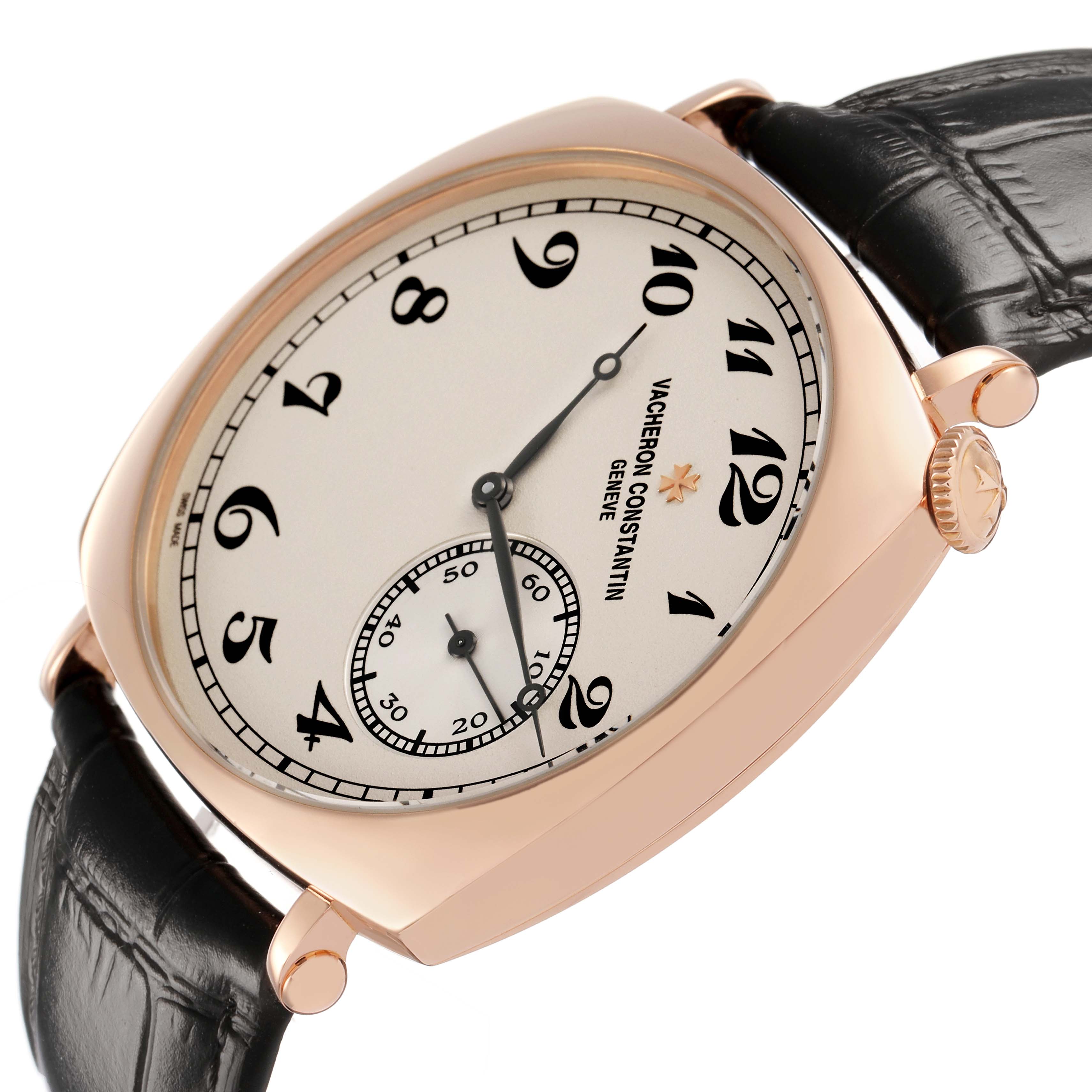 The Vacheron Constantin Historiques 82035/000R-9359 Men's Rose Gold Silver Dial watch is shown at a side angle, featuring its face, crown, and leather strap.