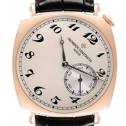 The Vacheron Constantin Historiques 82035/000R-9359 Men's Rose Gold Silver Dial watch is shown from the front, displaying the face with black numerals and a subdial at 3 o'clock.