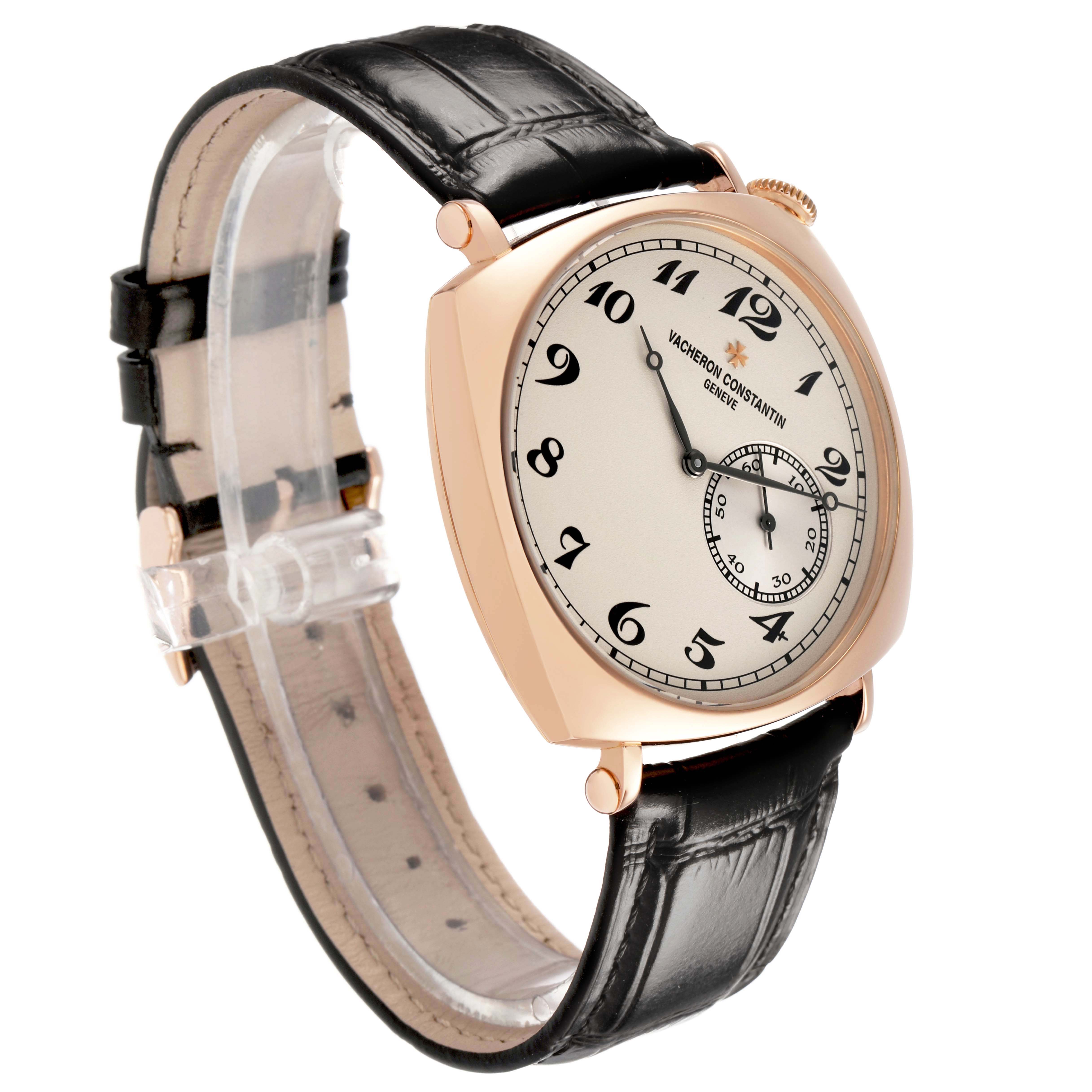 The Vacheron Constantin Historiques 82035/000R-9359 Men's Rose Gold Silver Dial watch is shown from a three-quarter view, displaying its face, case, crown, and strap.