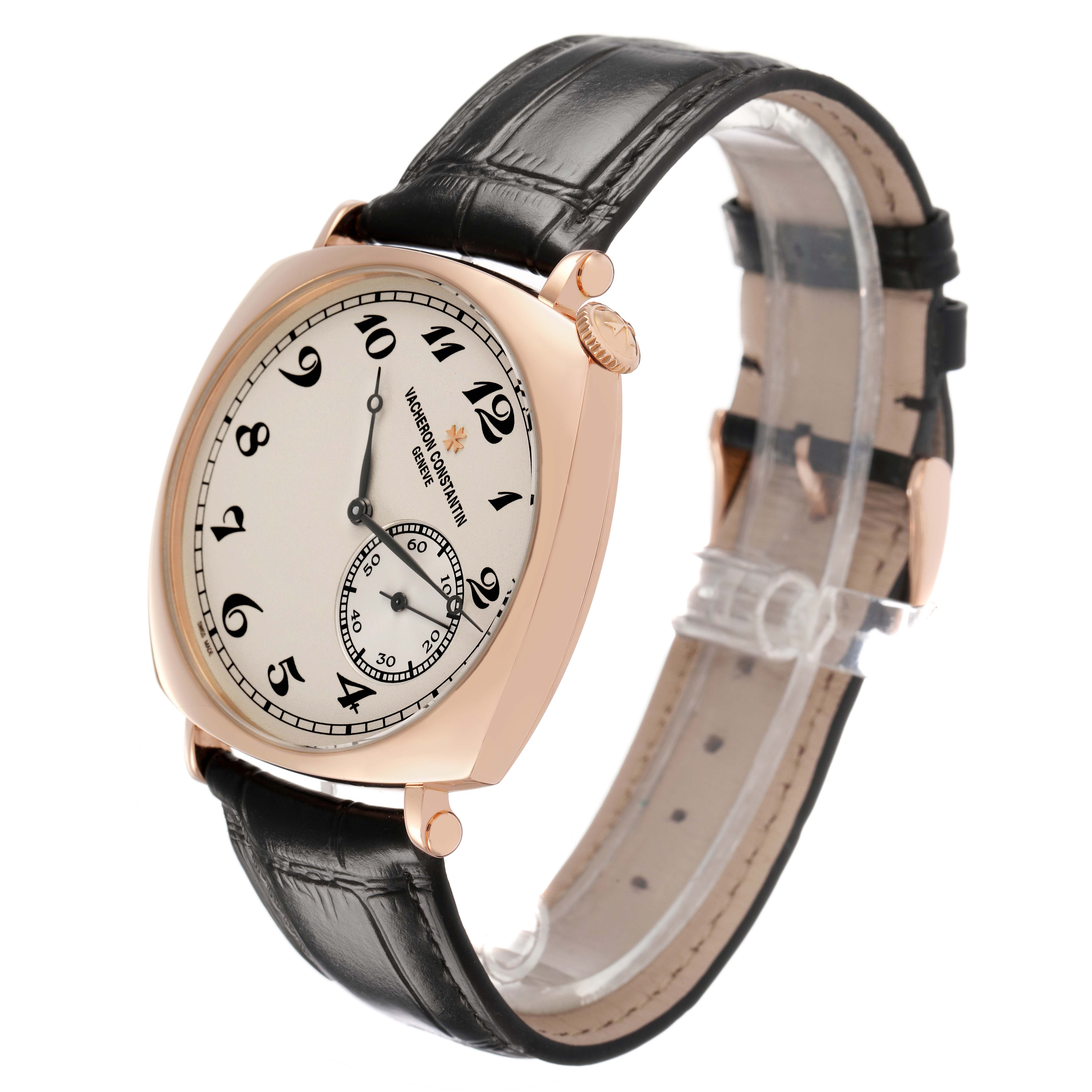 The Vacheron Constantin Historiques 82035/000R-9359 Men's Rose Gold Silver Dial watch is shown at a three-quarter angle, highlighting the dial, crown, and leather strap.