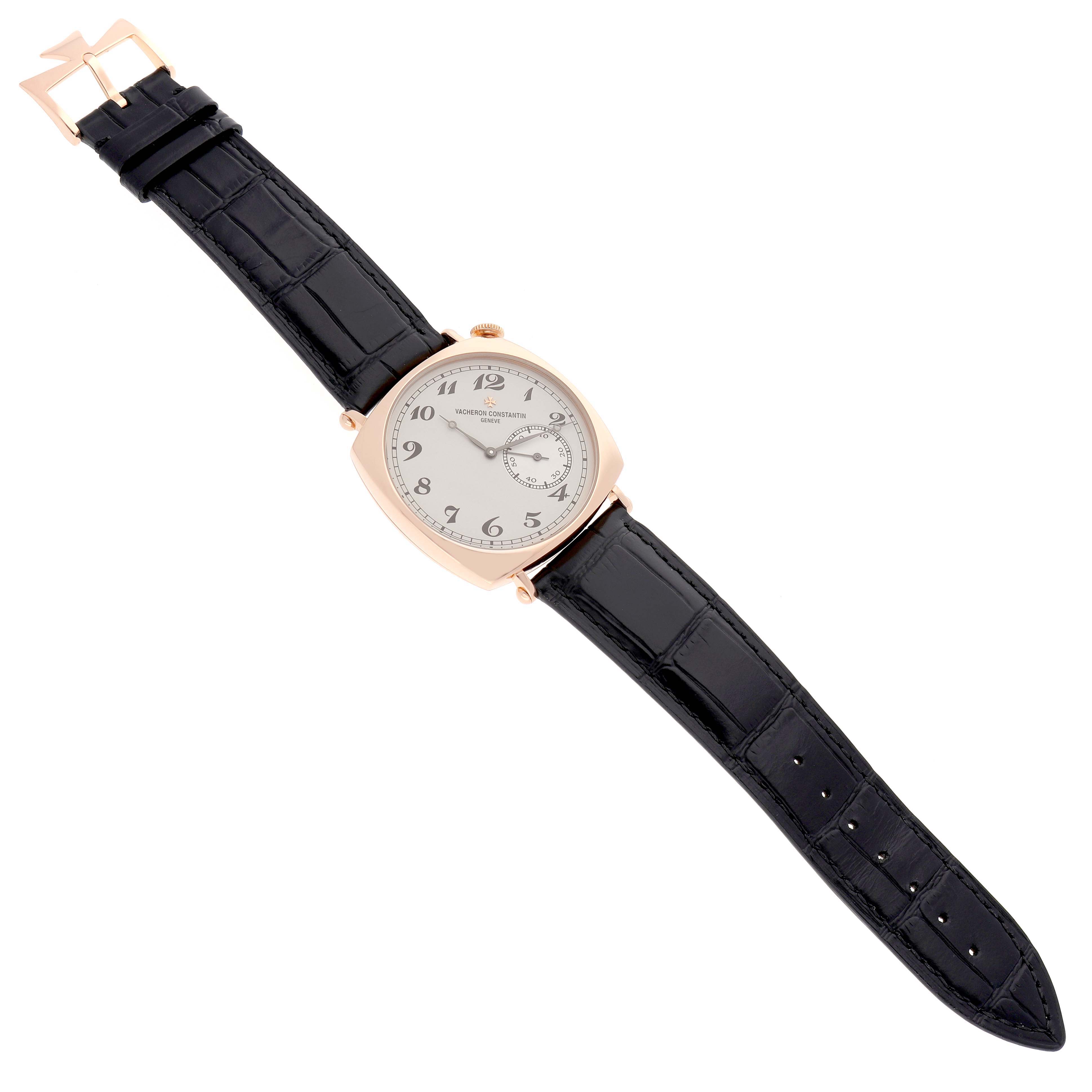 The image shows a Vacheron Constantin Historiques 82035/000R-9359 Men's Rose Gold Silver Dial watch from an angled top view, displaying the face, case, strap, and buckle.