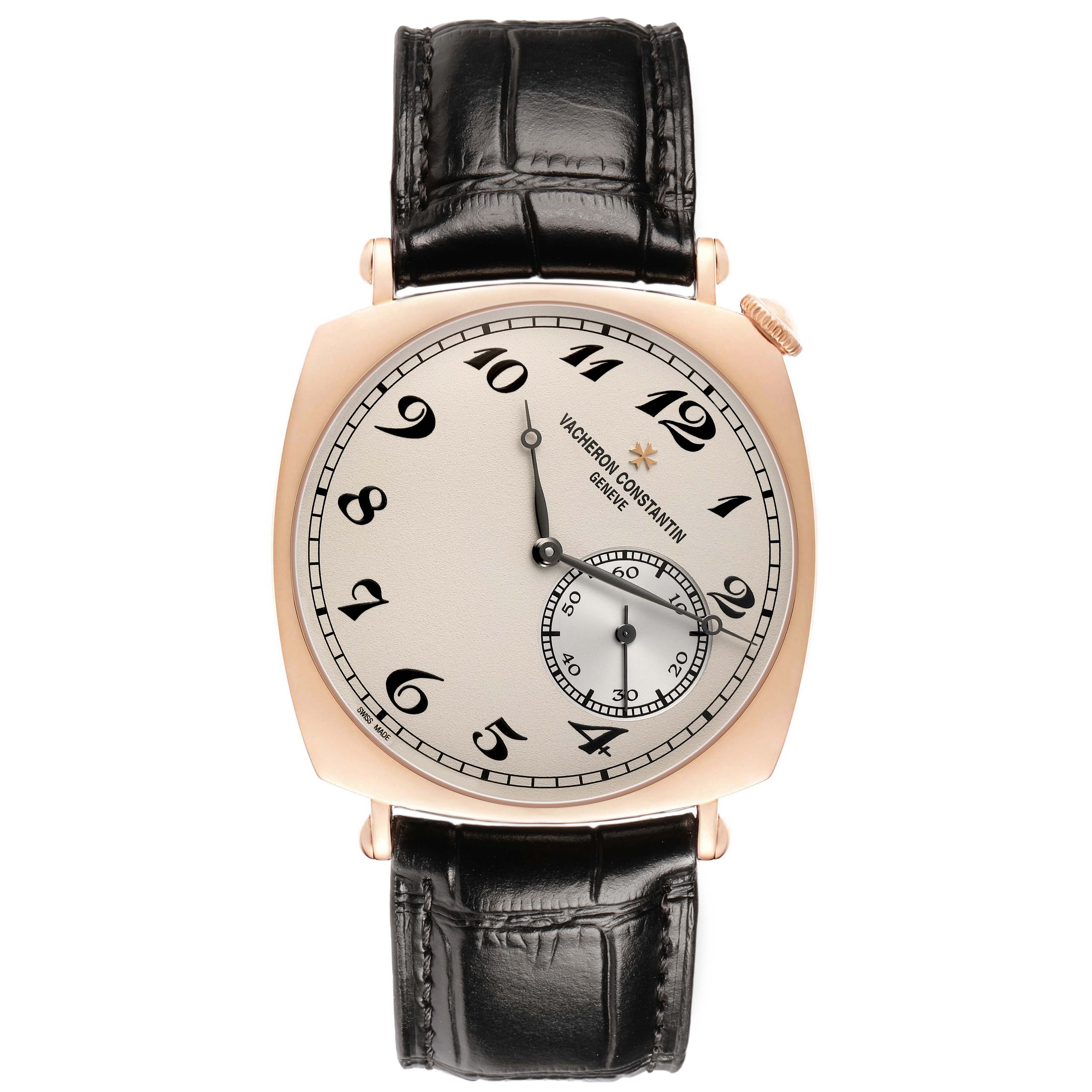 The Vacheron Constantin Historiques 82035/000R-9359 Men's Rose Gold Silver Dial watch is shown from the front, displaying the dial, case, crown, and leather strap.