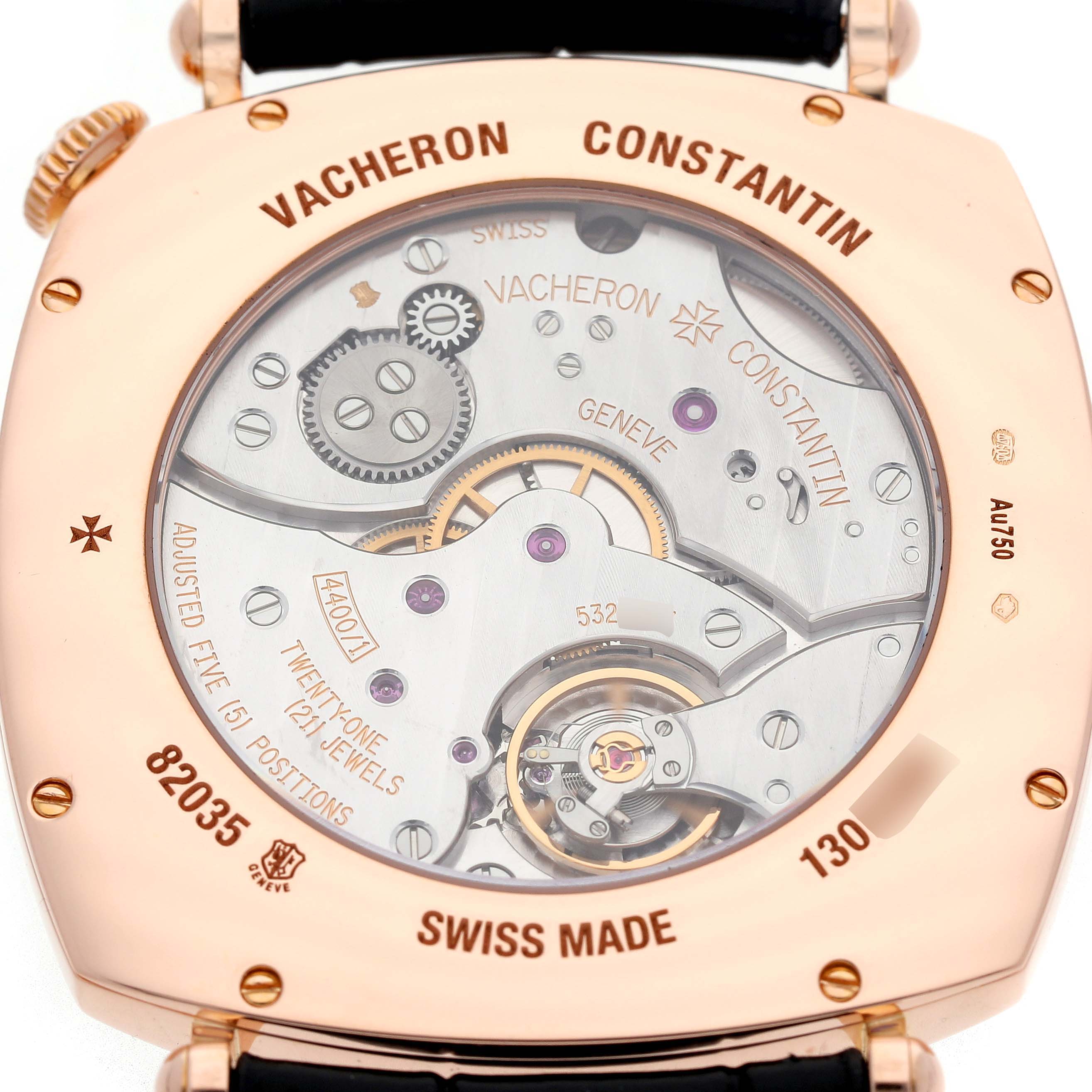 This image shows the back view of a Vacheron Constantin Historiques 82035/000R-9359 Men's Rose Gold Silver Dial model, highlighting its intricate movement and engravings.