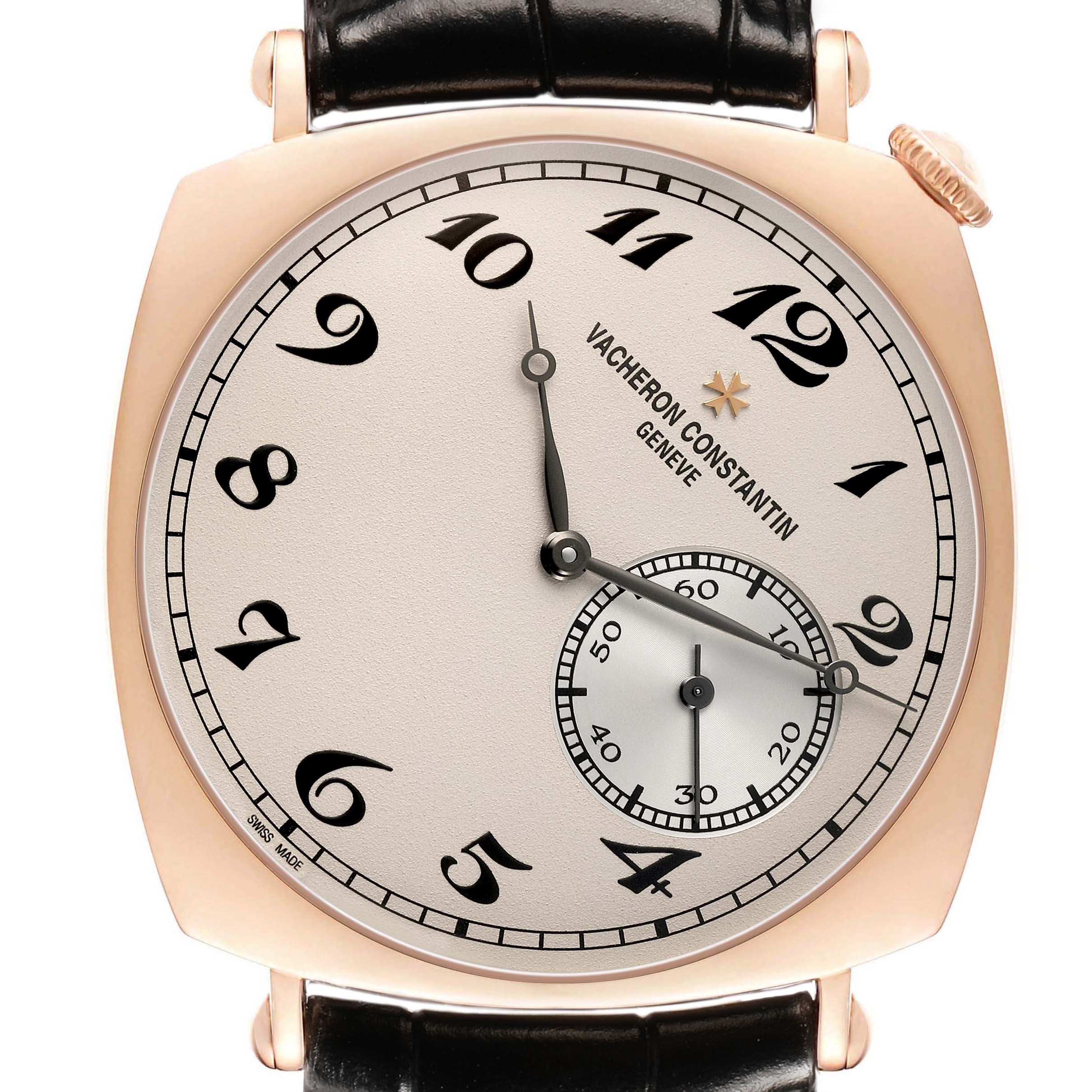 The image shows a Vacheron Constantin Historiques 82035/000R-9359 Men's Rose Gold Silver Dial watch face-up, highlighting the dial, numerals, hands, and sub-dial.