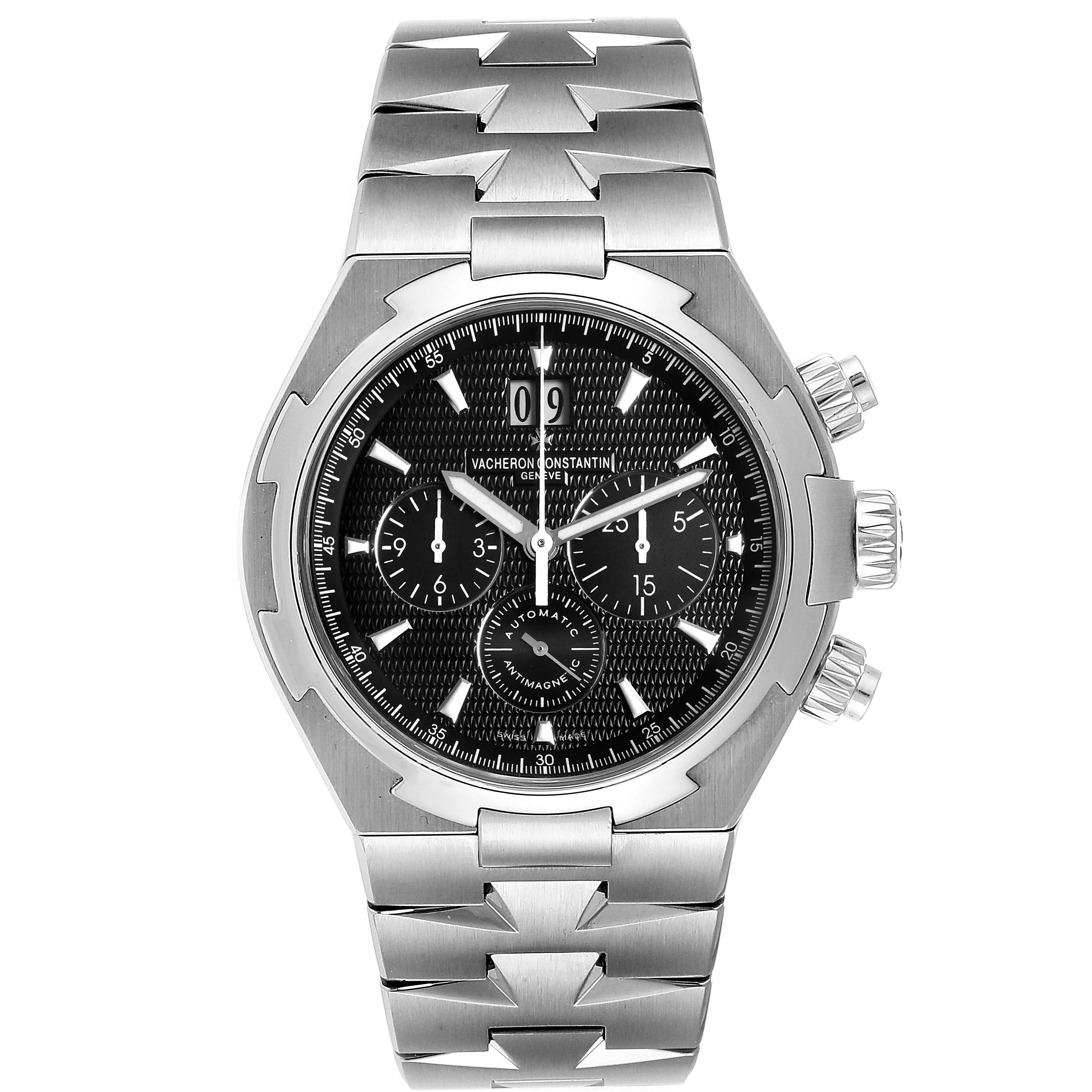 The image shows a frontal view of a Vacheron Constantin Overseas 49150.B01A.9097 Men's Stainless Steel Black Dial 49150.B01A.9097 Men's Stainless Steel Black Dial watch, highlighting its dial, chronograph sub-dials, and bracelet.