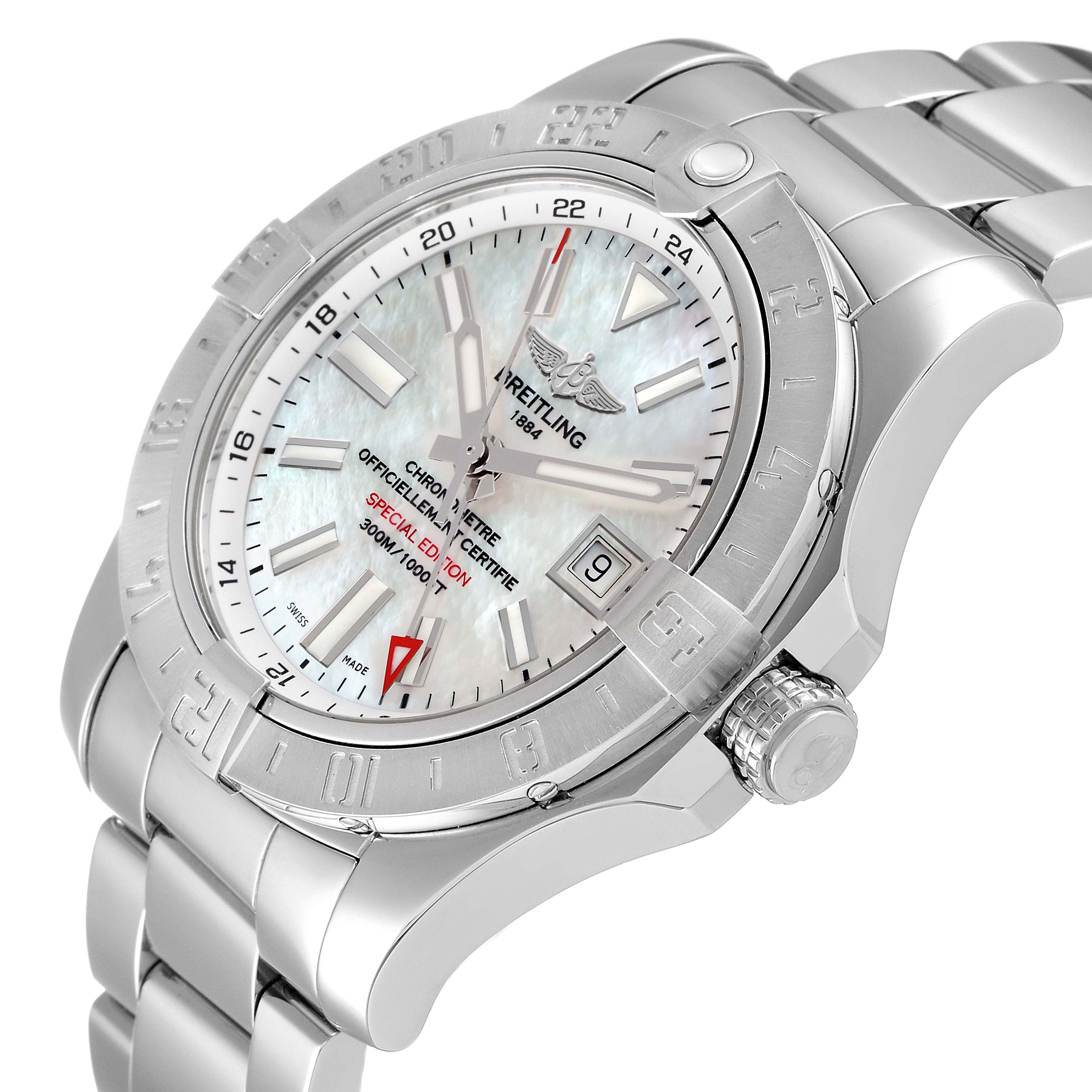 The image shows a side view of a Breitling Avenger A3239011-C872-170A Men's Stainless Steel Mother of Pearl Dial A3239011-C872-170A Men's Stainless Steel Mother of Pearl Dial watch focusing on its dial, bezel, and bracelet.