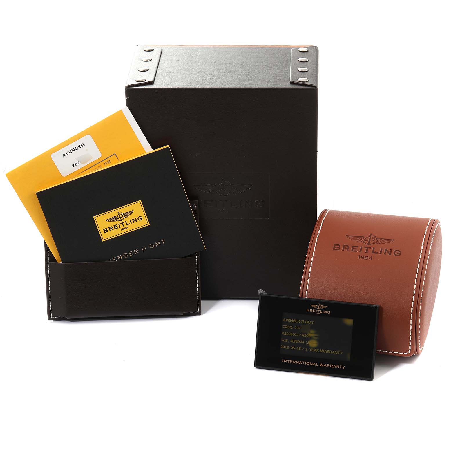 The image displays Breitling Avenger A3239011-C872-170A Men's Stainless Steel Mother of Pearl Dial A3239011-C872-170A Men's Stainless Steel Mother of Pearl Dial watch accessories including a box, manuals, a warranty card, and a leather case.