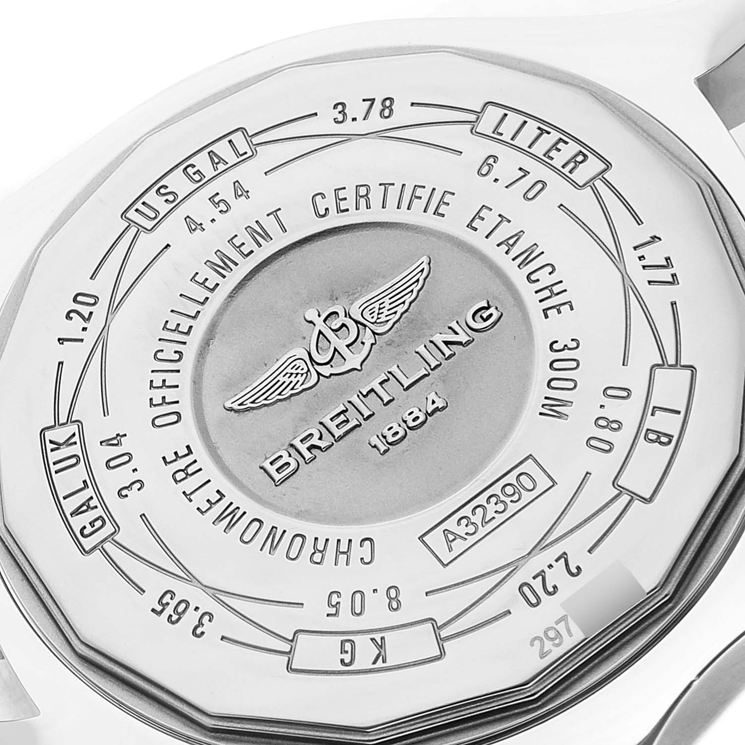 The image shows the back case of a Breitling Avenger A3239011-C872-170A Men's Stainless Steel Mother of Pearl Dial A3239011-C872-170A Men's Stainless Steel Mother of Pearl Dial watch, displaying water resistance details and various unit conversions.