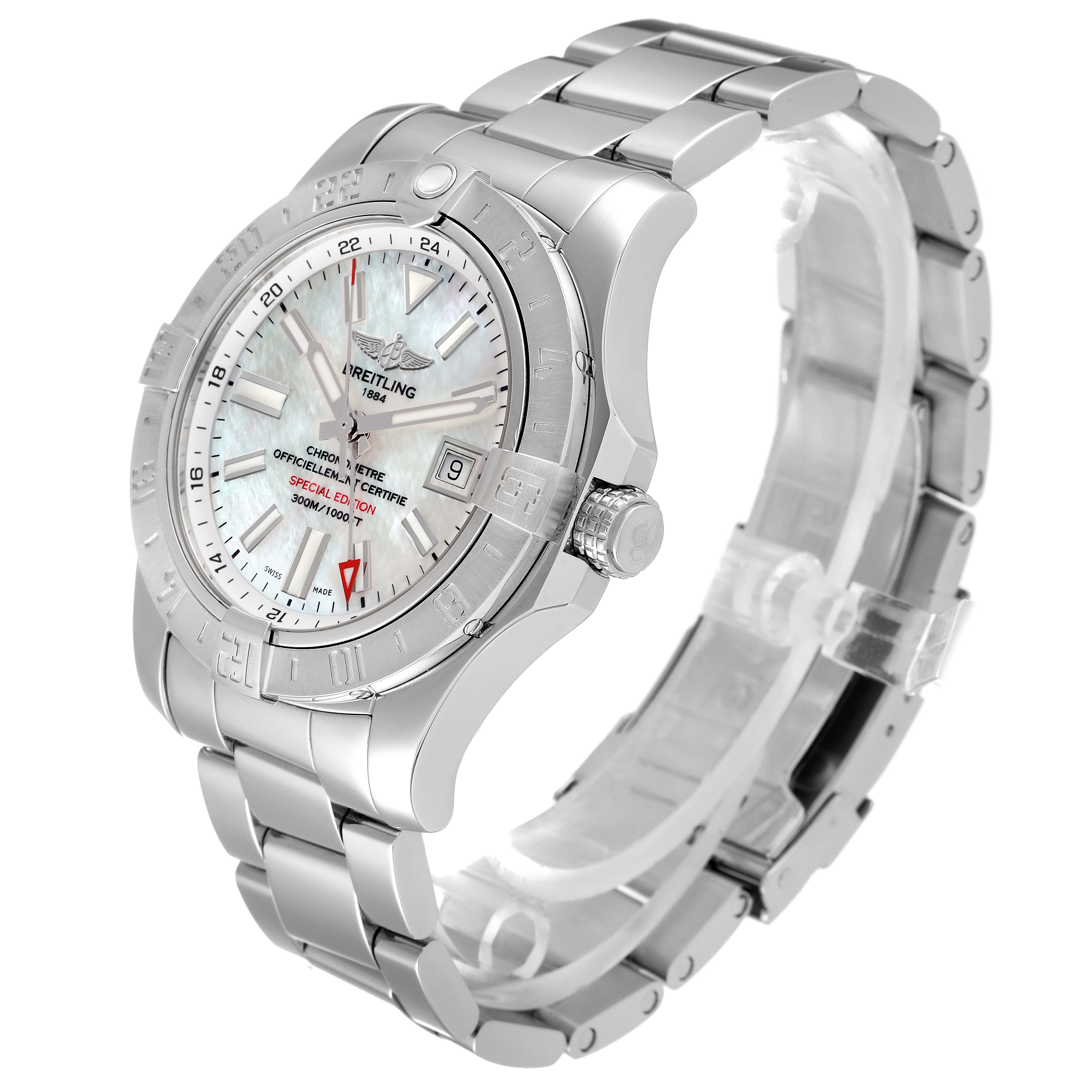 The image shows a Breitling Avenger A3239011-C872-170A Men's Stainless Steel Mother of Pearl Dial A3239011-C872-170A Men's Stainless Steel Mother of Pearl Dial model watch at a three-quarter angle displaying the face, crown, and part of the metal bracelet.