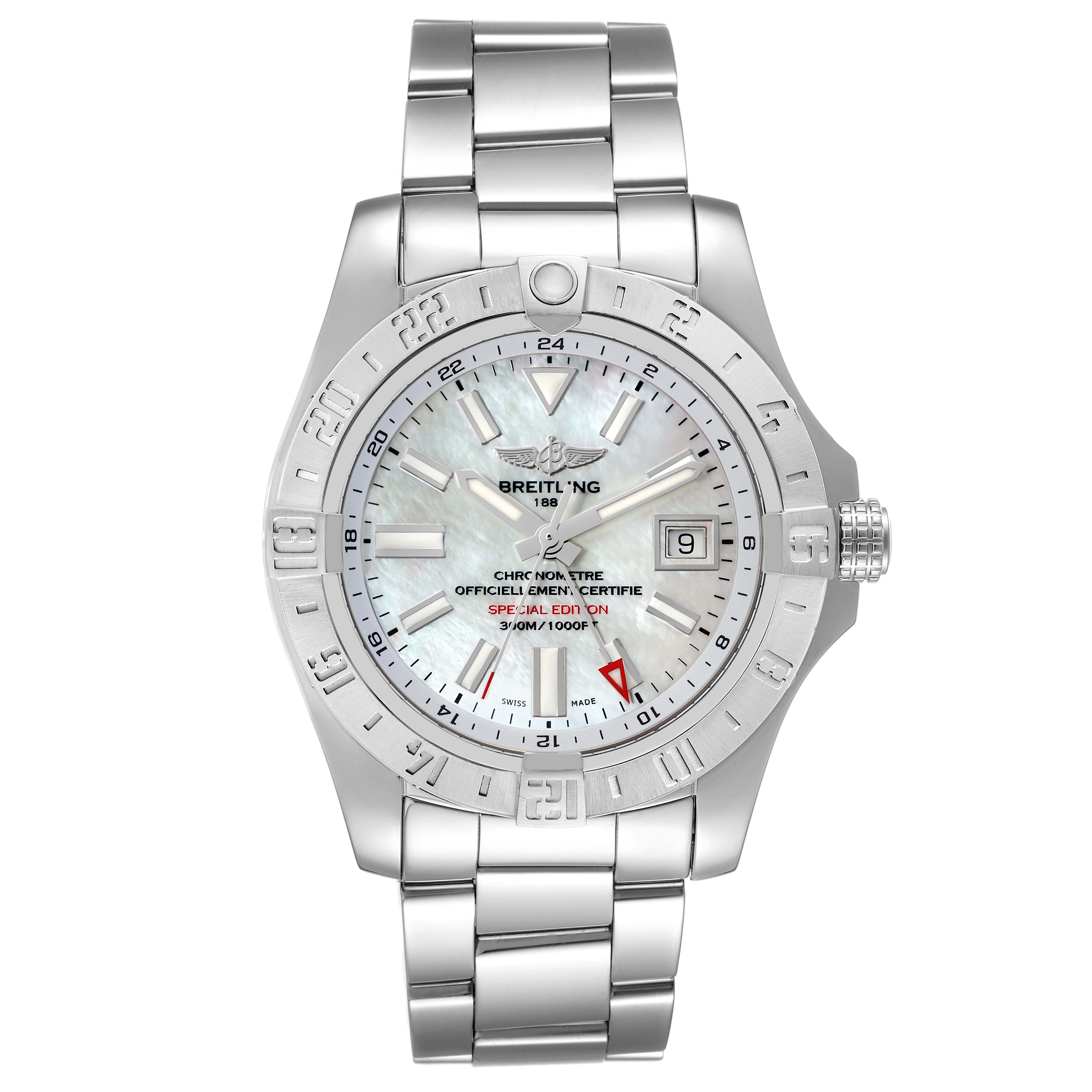 The image shows a front view of a Breitling Avenger A3239011-C872-170A Men's Stainless Steel Mother of Pearl Dial A3239011-C872-170A Men's Stainless Steel Mother of Pearl Dial watch displaying its dial, bezel, and bracelet.