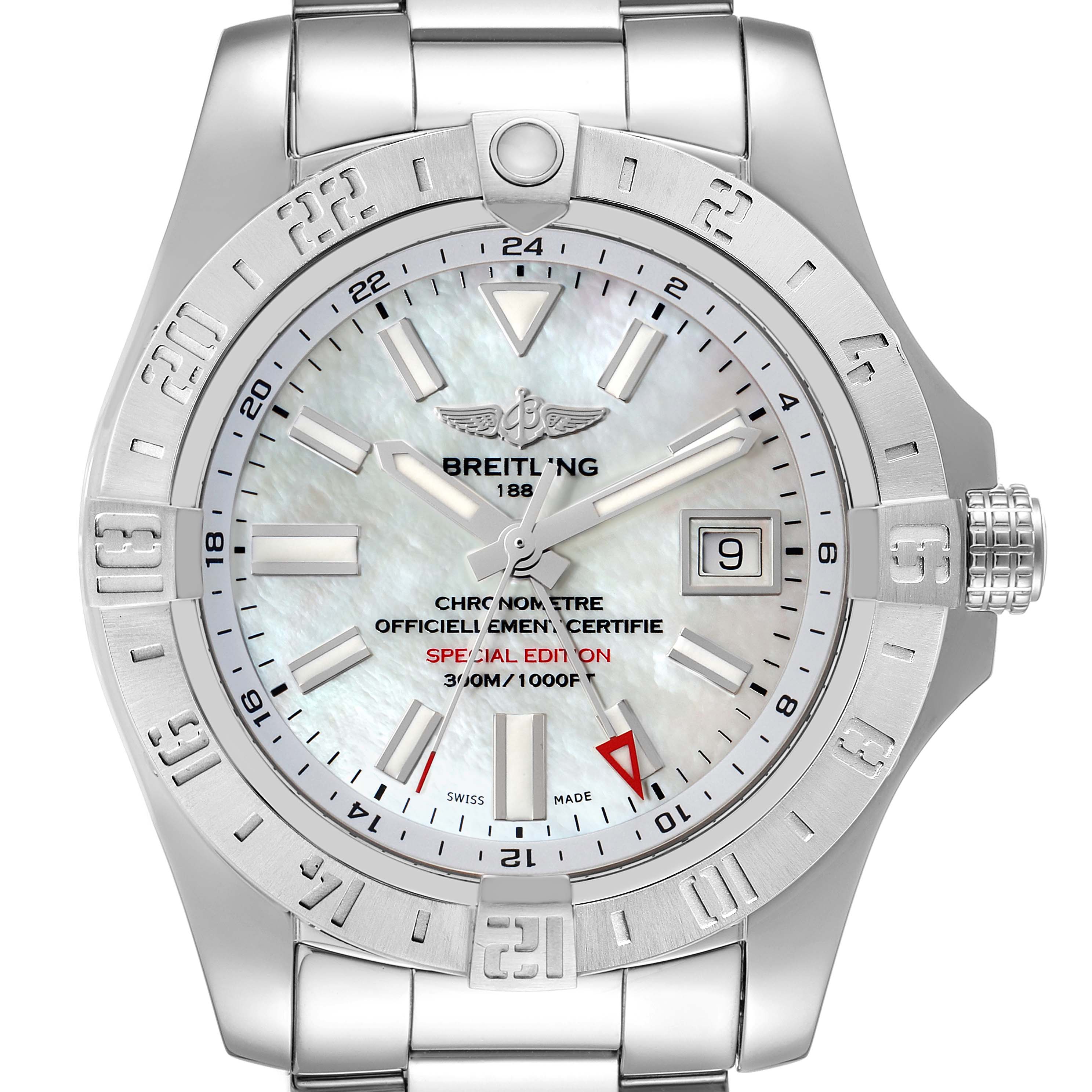 This image shows a close-up, front view of a Breitling Avenger A3239011-C872-170A Men's Stainless Steel Mother of Pearl Dial A3239011-C872-170A Men's Stainless Steel Mother of Pearl Dial watch, highlighting the dial, bezel, and part of the bracelet.