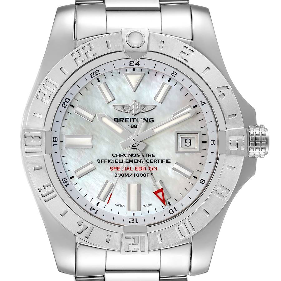 Breitling Aeromarine Avenger II GMT MOP Dial Steel Watch A32390 Box Card SwissWatchExpo