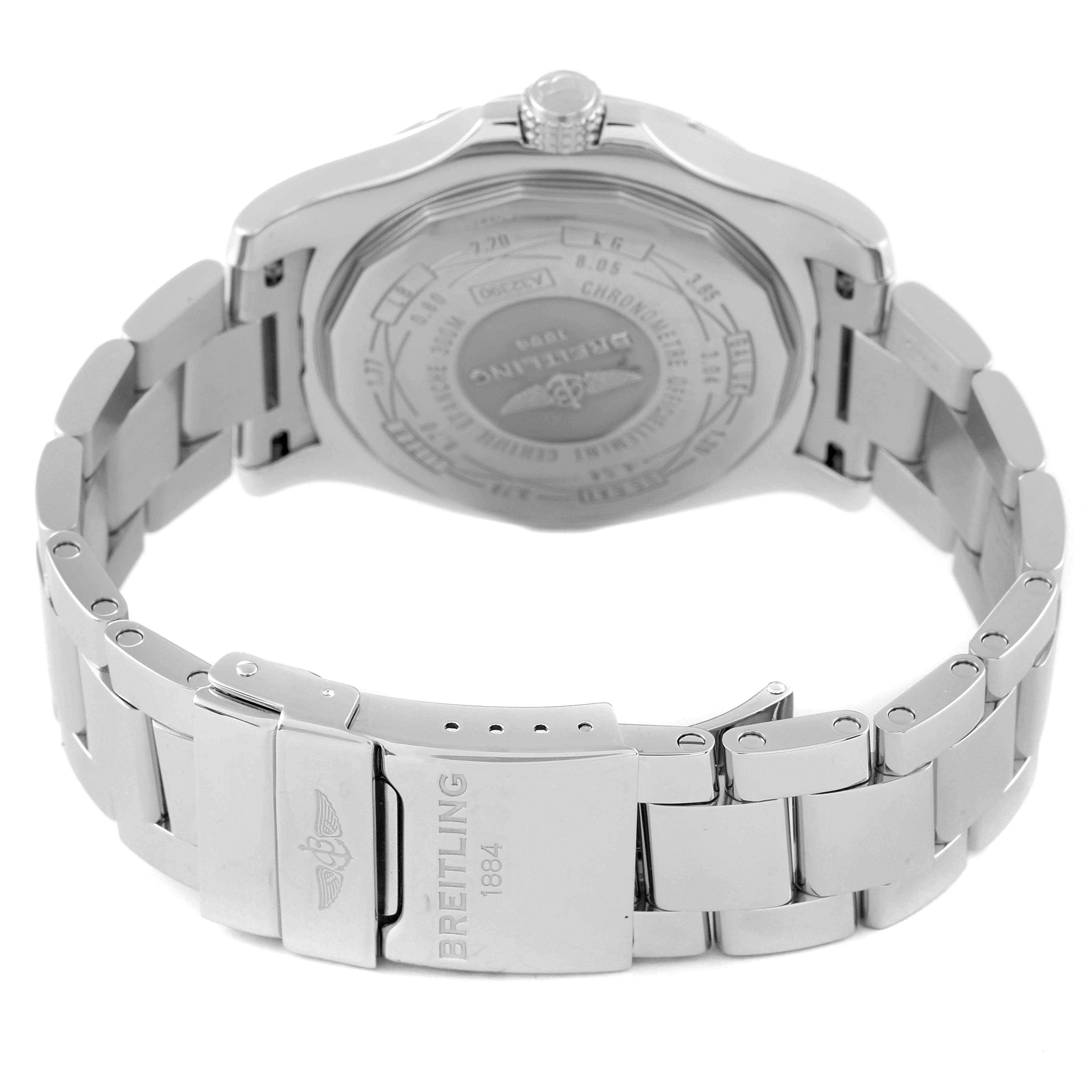 The image displays the back view of the Breitling Avenger A3239011-C872-170A Men's Stainless Steel Mother of Pearl Dial A3239011-C872-170A Men's Stainless Steel Mother of Pearl Dial watch, highlighting its case back and bracelet clasp.