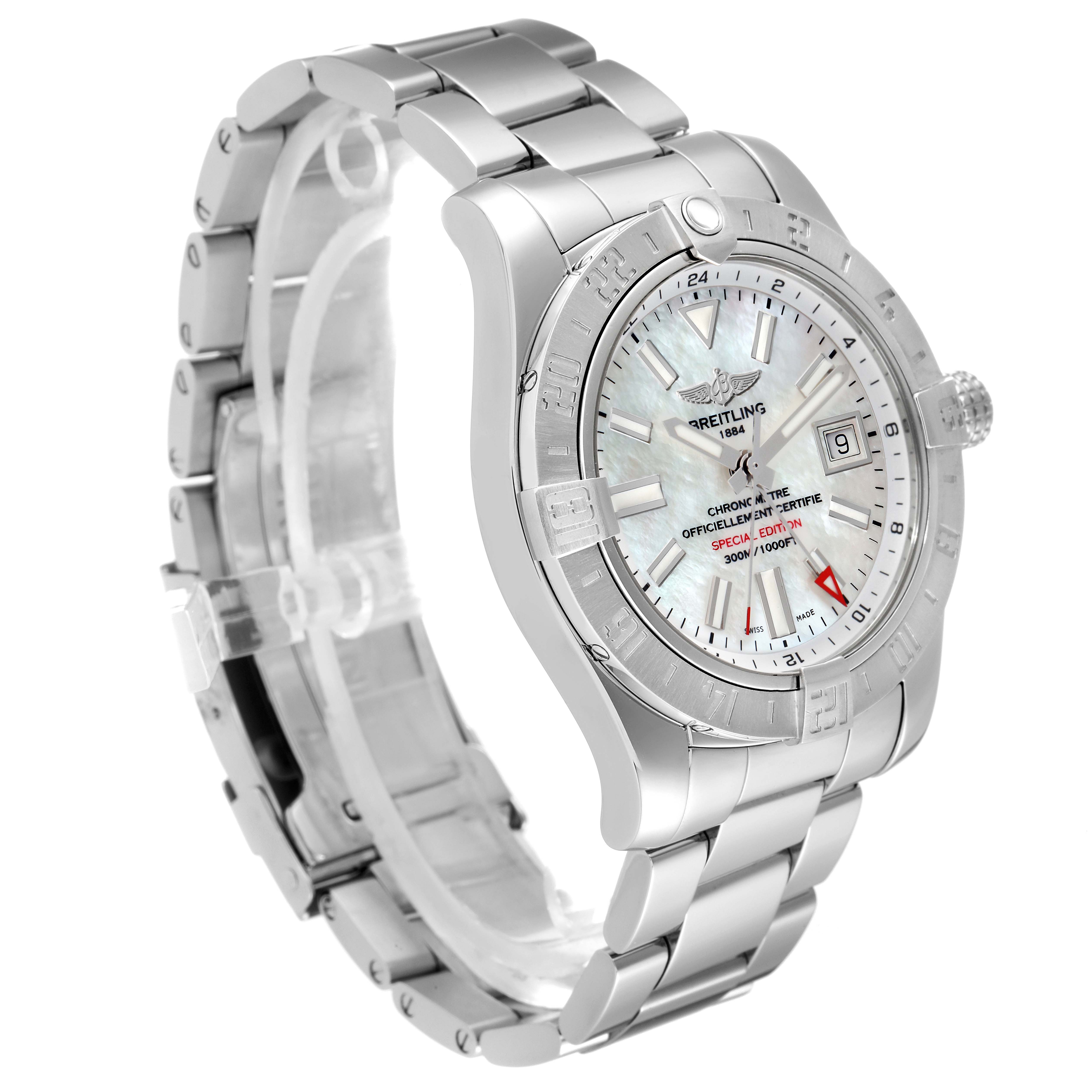The image shows a Breitling Avenger A3239011-C872-170A Men's Stainless Steel Mother of Pearl Dial A3239011-C872-170A Men's Stainless Steel Mother of Pearl Dial watch at a slight side angle, highlighting its stainless steel band and detailed dial.