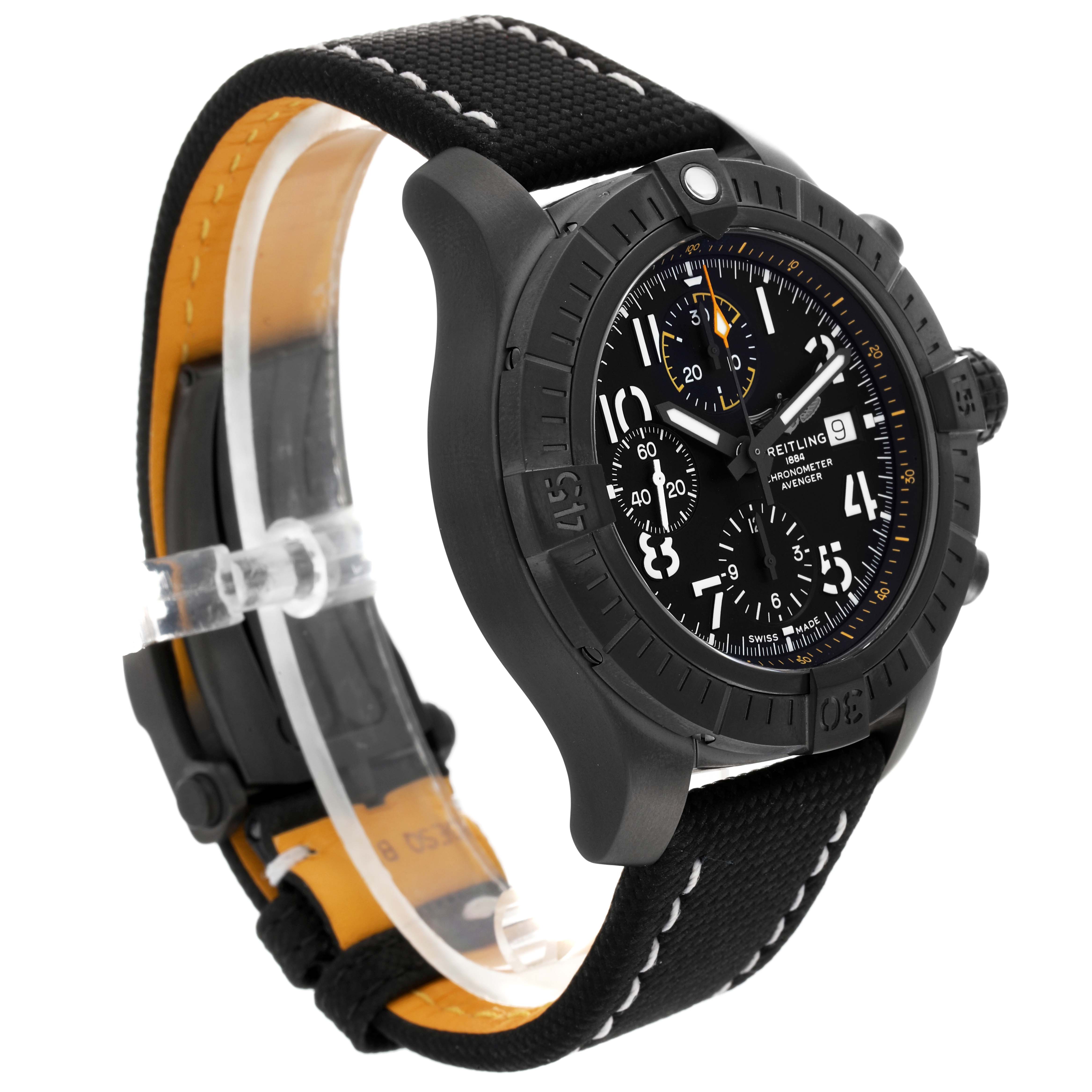 The image shows a Breitling Avenger V13317 Men's Titanium Black Dial V13317 Men's Titanium Black Dial watch angled from the front-left, displaying its face, bezel, and black strap.