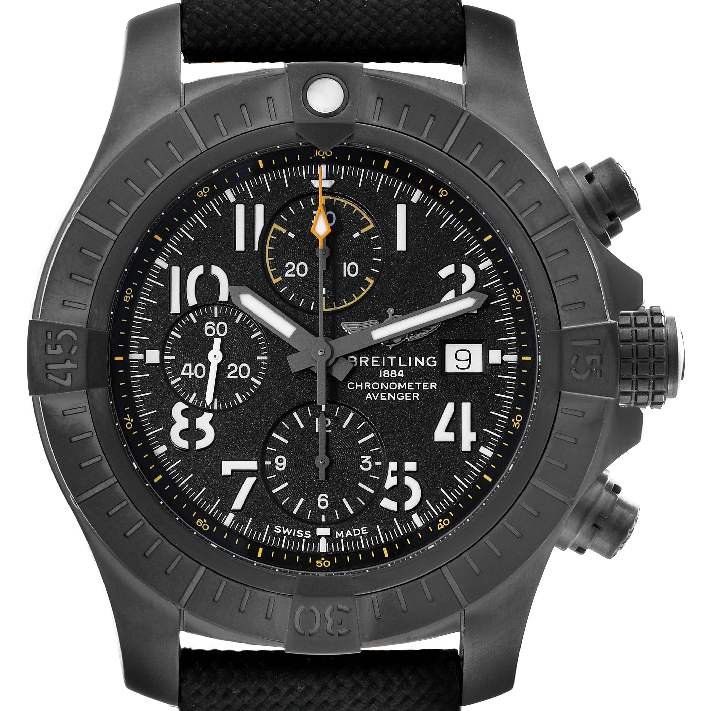 The image shows the front view of a Breitling Avenger V13317 Men's Titanium Black Dial V13317 Men's Titanium Black Dial watch, highlighting the dial, bezel, and chronograph features.
