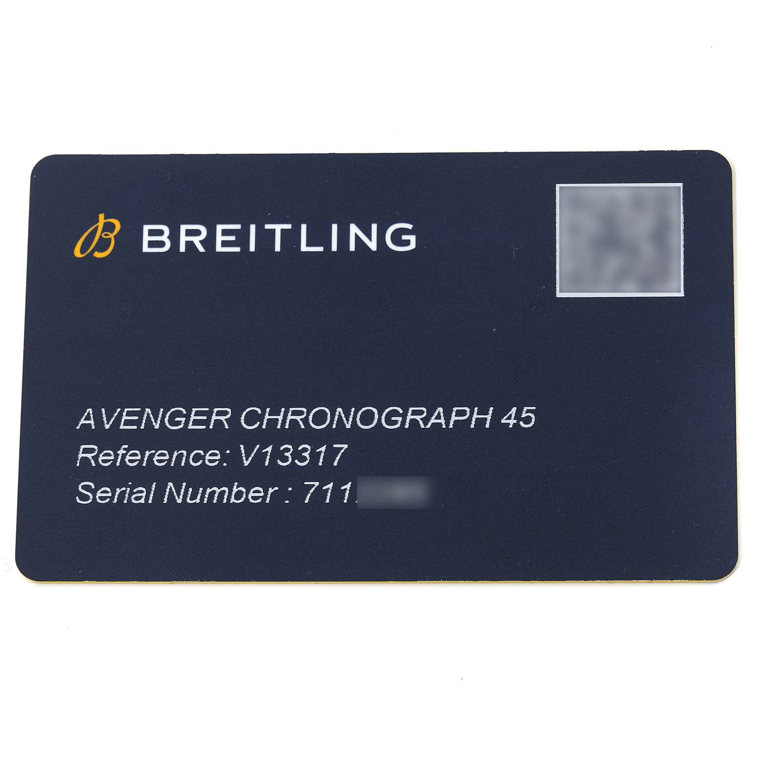 The image shows a warranty or authentication card for the Breitling Avenger V13317 Men's Titanium Black Dial V13317 Men's Titanium Black Dial Chronograph 45, displaying reference and serial numbers.