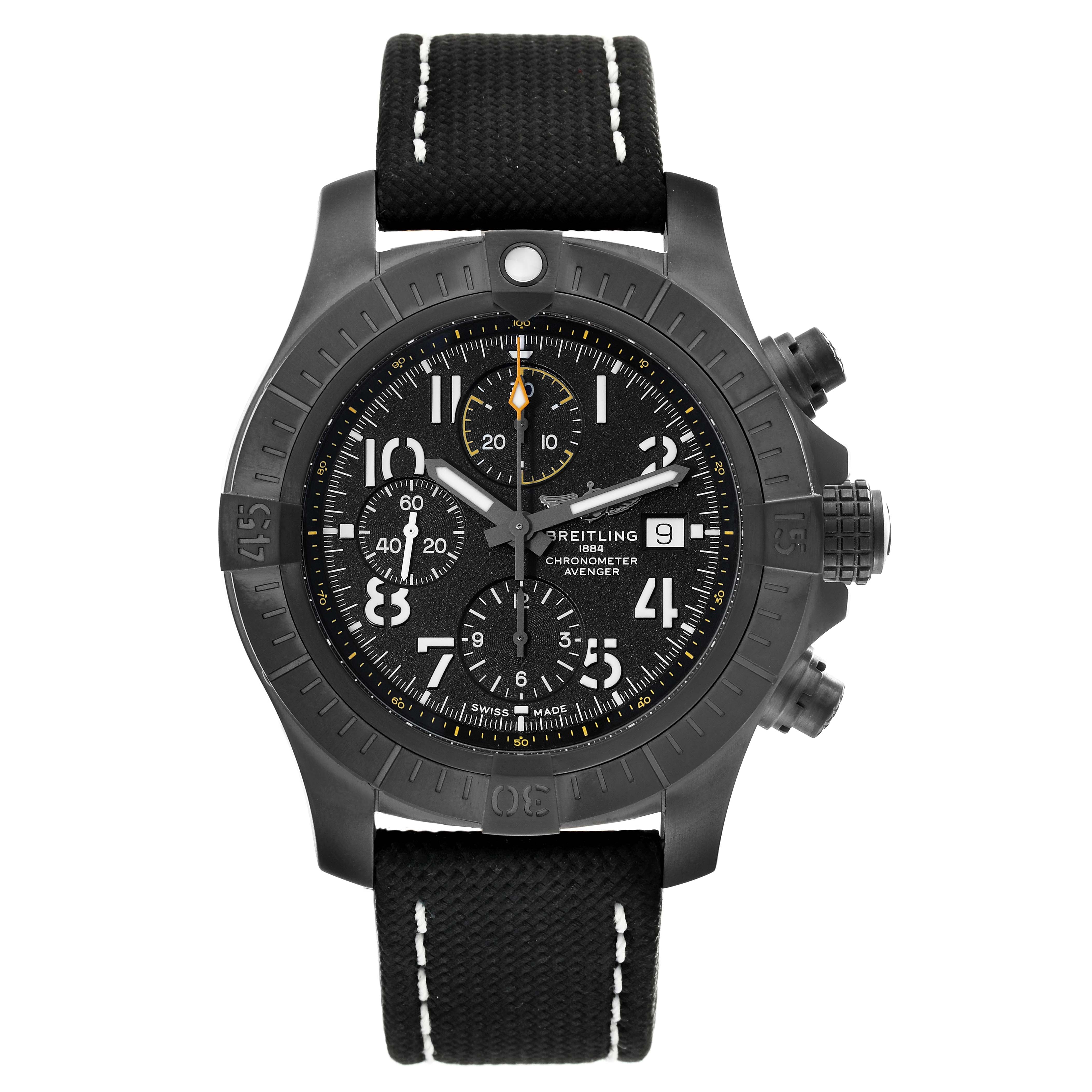The image shows a front view of a Breitling Avenger V13317 Men's Titanium Black Dial V13317 Men's Titanium Black Dial watch, highlighting the dial, bezel, strap, and chronograph pushers.