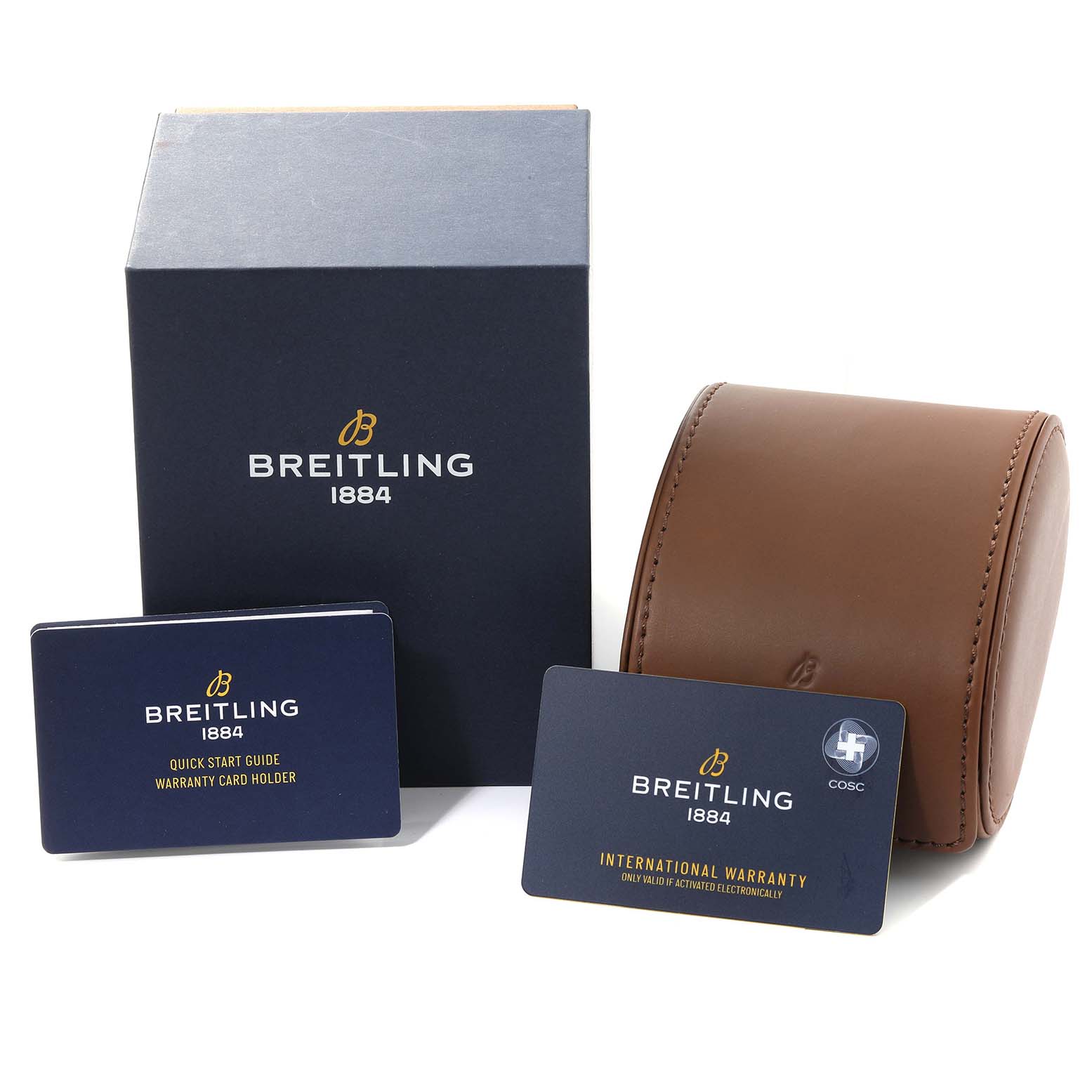 The image shows the packaging and accessories for a Breitling Avenger V13317 Men's Titanium Black Dial V13317 Men's Titanium Black Dial watch, including the box, warranty card holder, and brown leather case.