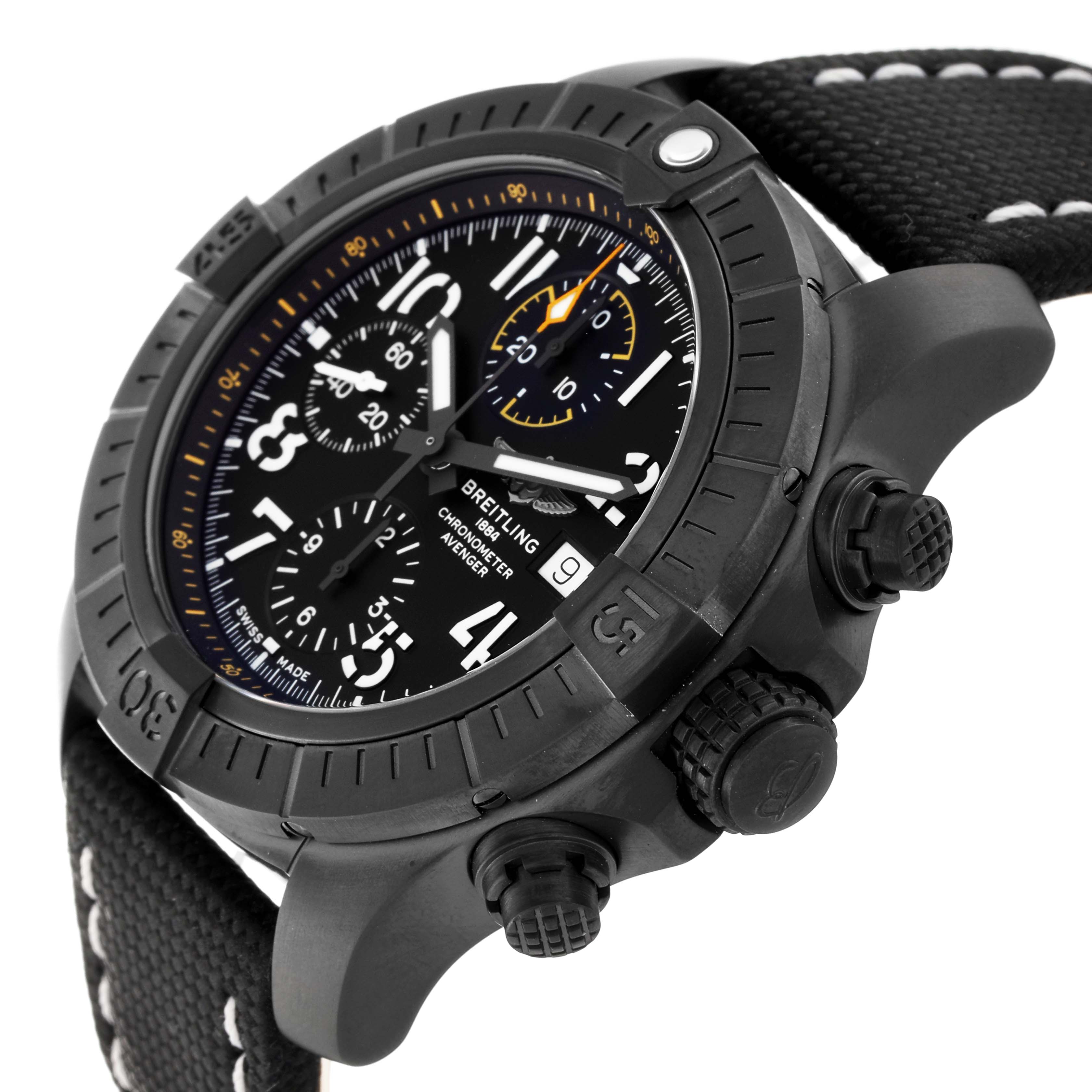 The image shows a side angle of the Breitling Avenger V13317 Men's Titanium Black Dial V13317 Men's Titanium Black Dial chronograph, highlighting its black case, dial, pushers, crown, and strap.