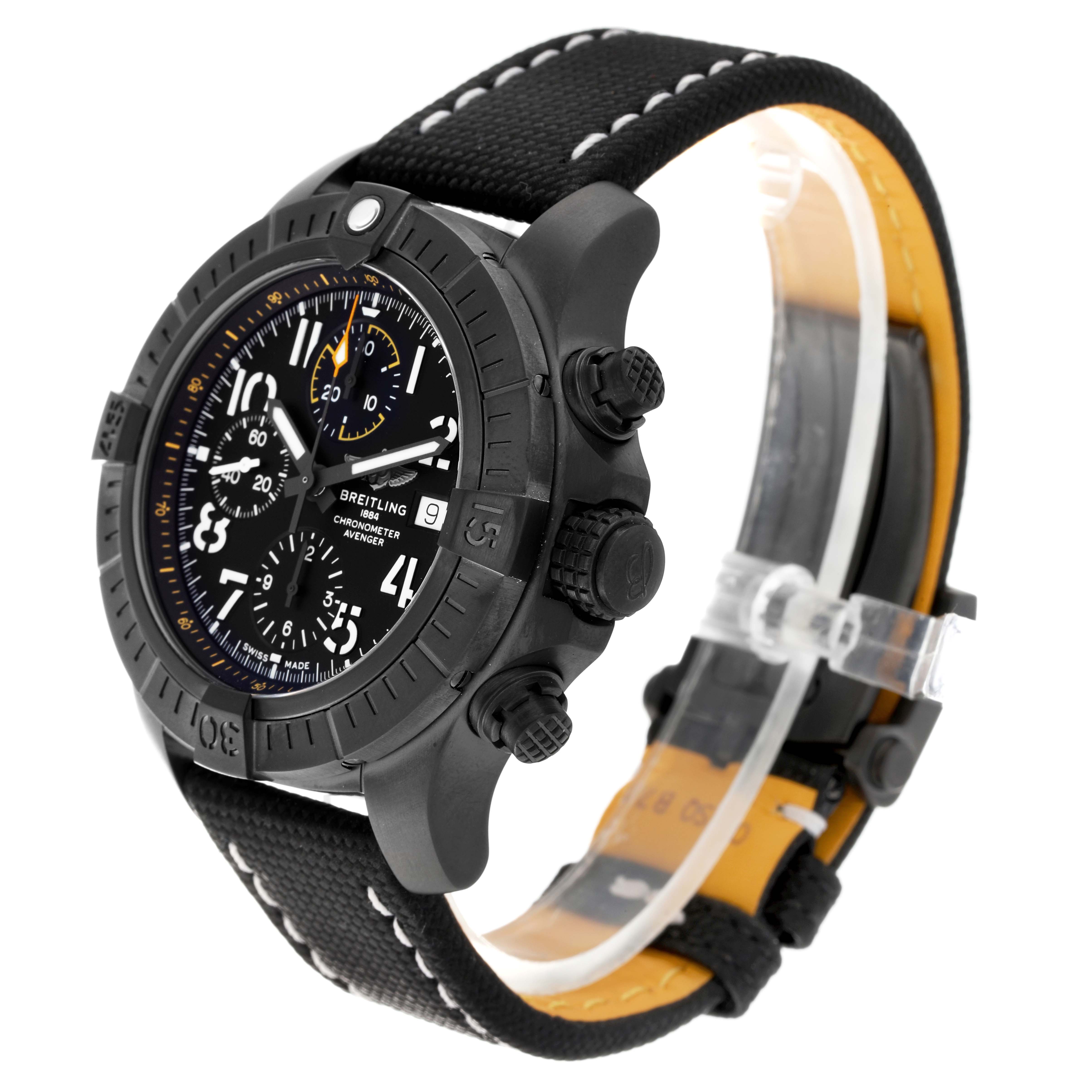 The Breitling Avenger V13317 Men's Titanium Black Dial V13317 Men's Titanium Black Dial watch is shown from a three-quarter angle, displaying its black dial, chronograph subdials, and textured strap.