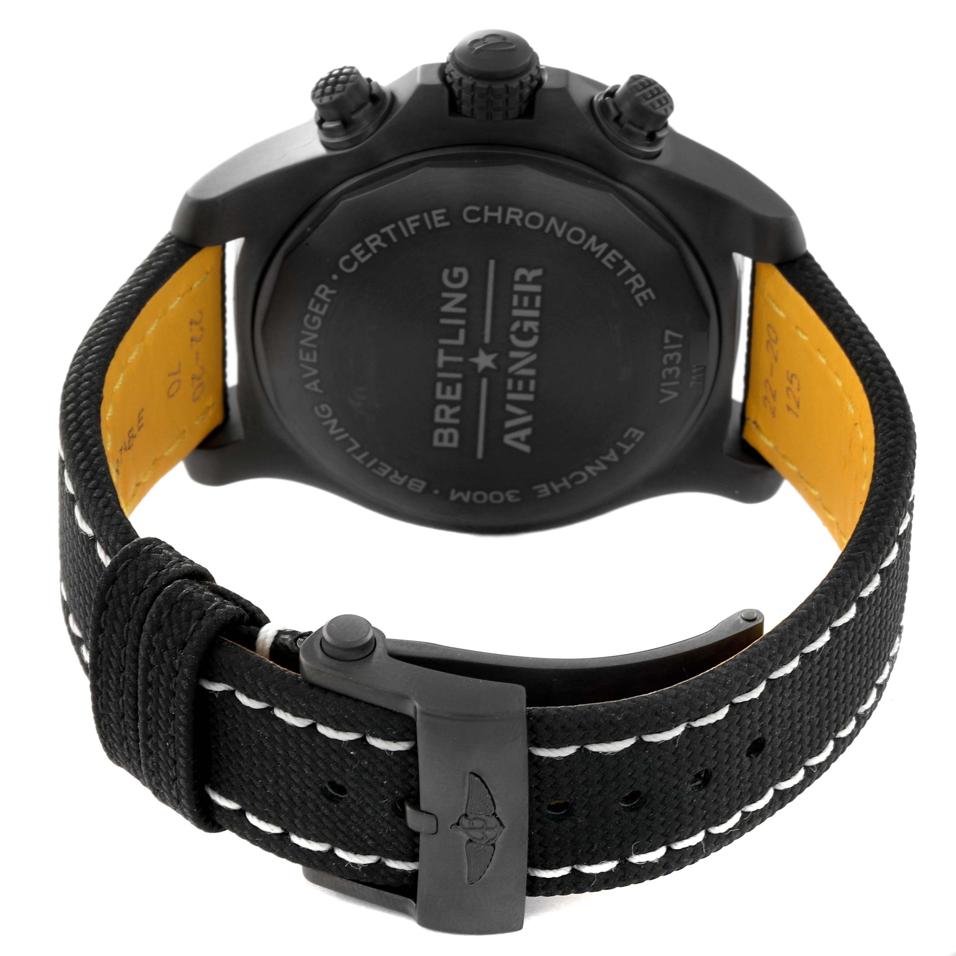 The image shows the back view of the Breitling Avenger V13317 Men's Titanium Black Dial V13317 Men's Titanium Black Dial watch, displaying the caseback, strap, and buckle.