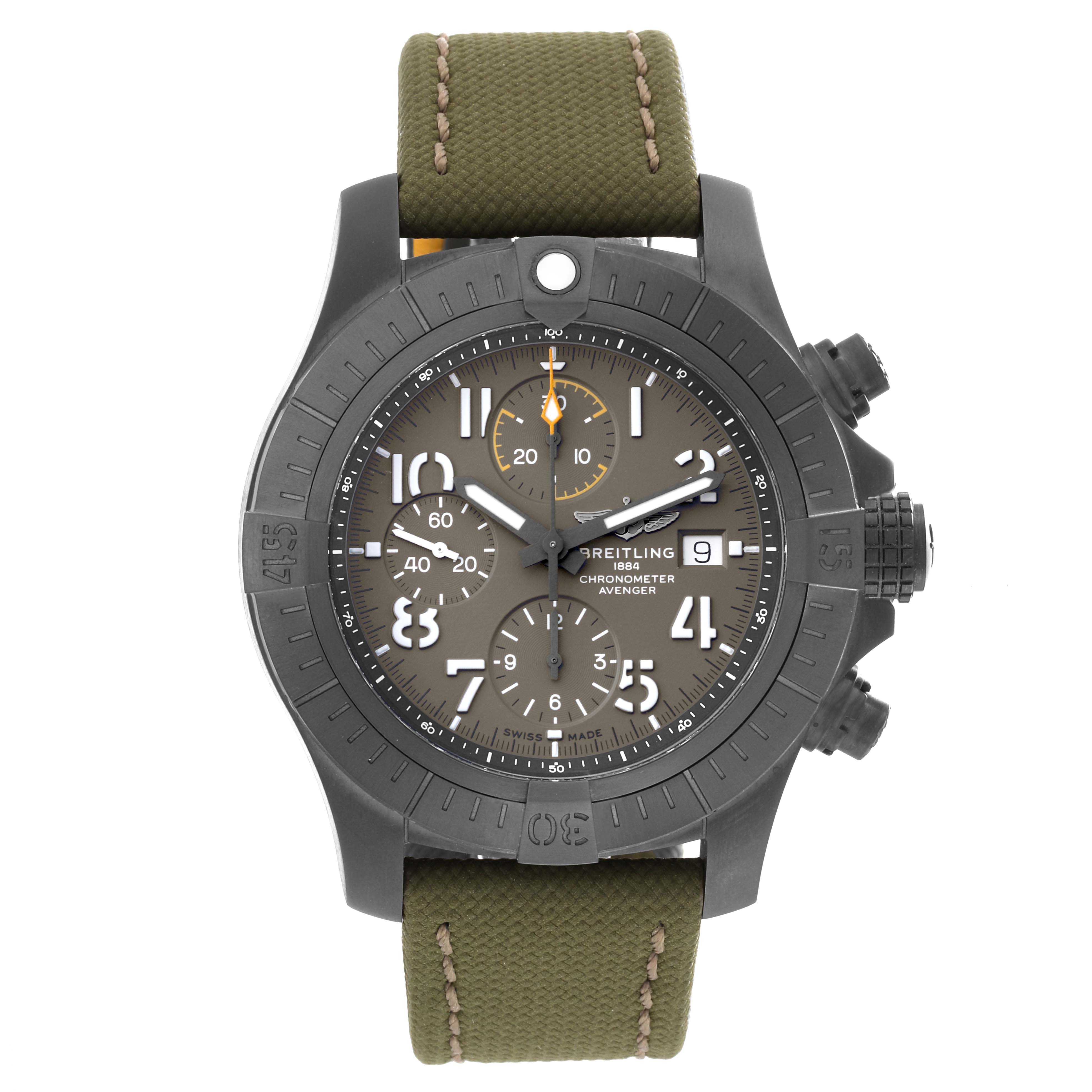 This is a front view of the Breitling Avenger V13317 Men's Titanium Green Dial V13317 Men's Titanium Green Dial watch, showcasing the dial, chronograph subdials, and the olive green strap.