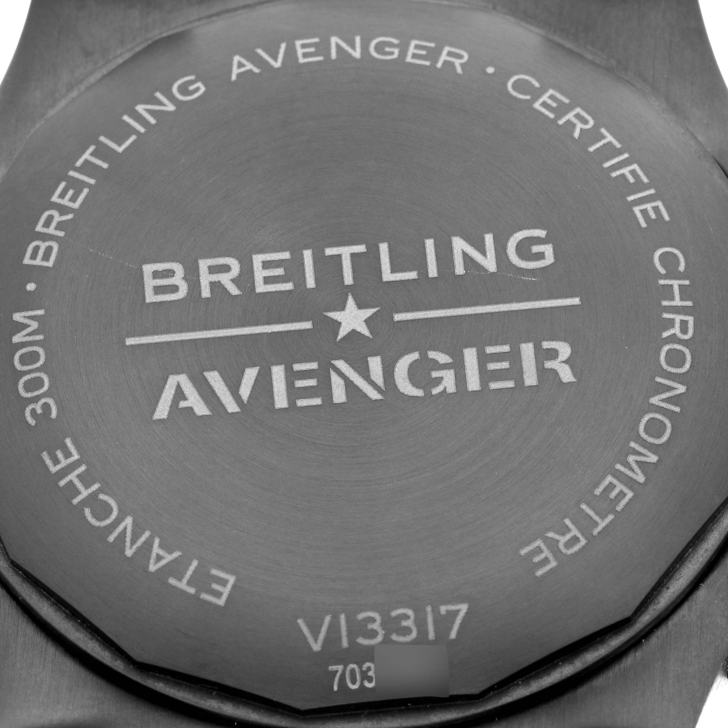 This image shows the backside of a Breitling Avenger V13317 Men's Titanium Green Dial V13317 Men's Titanium Green Dial watch, highlighting its engraved details.