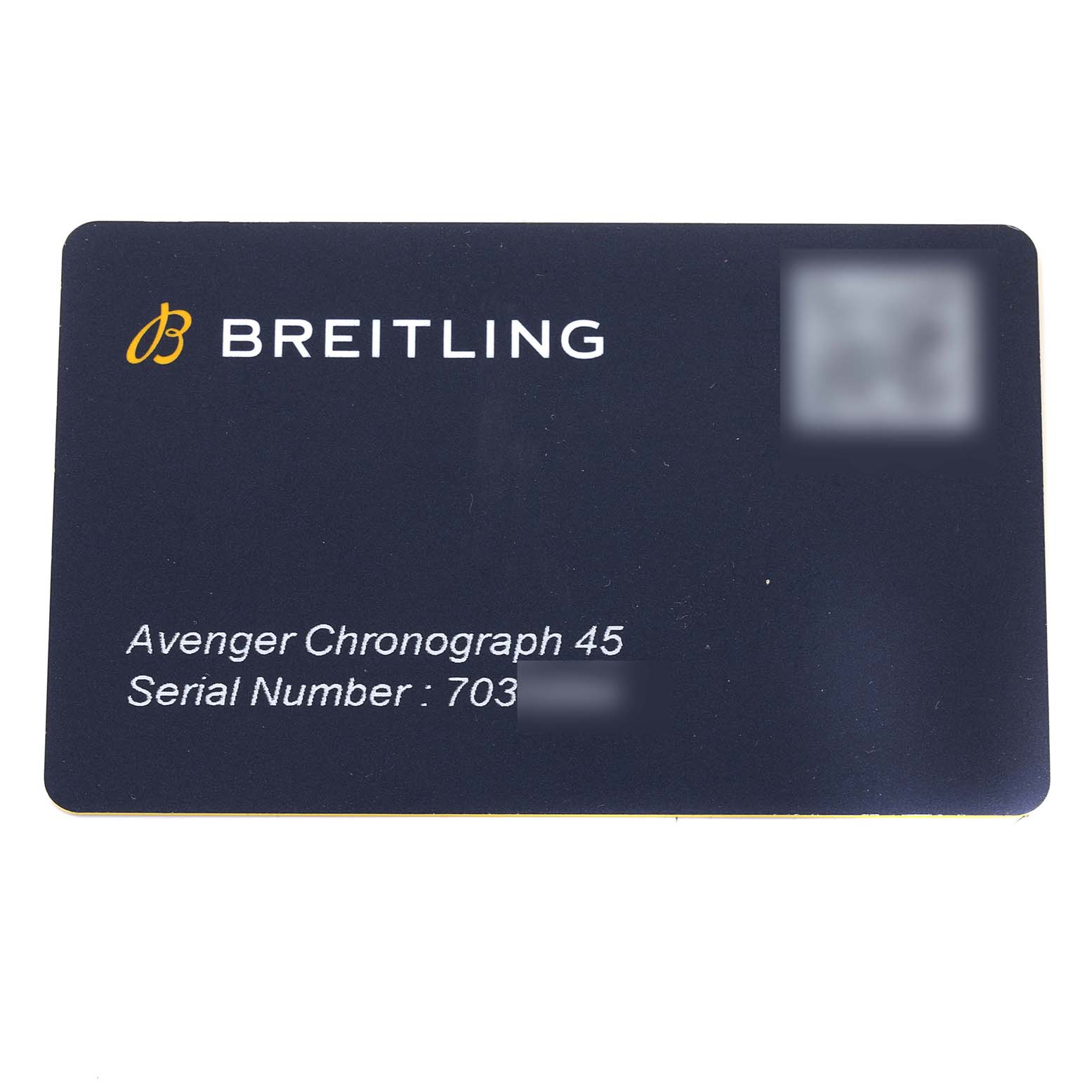 This image shows a Breitling Avenger V13317 Men's Titanium Green Dial V13317 Men's Titanium Green Dial model information card with the model name and serial number.