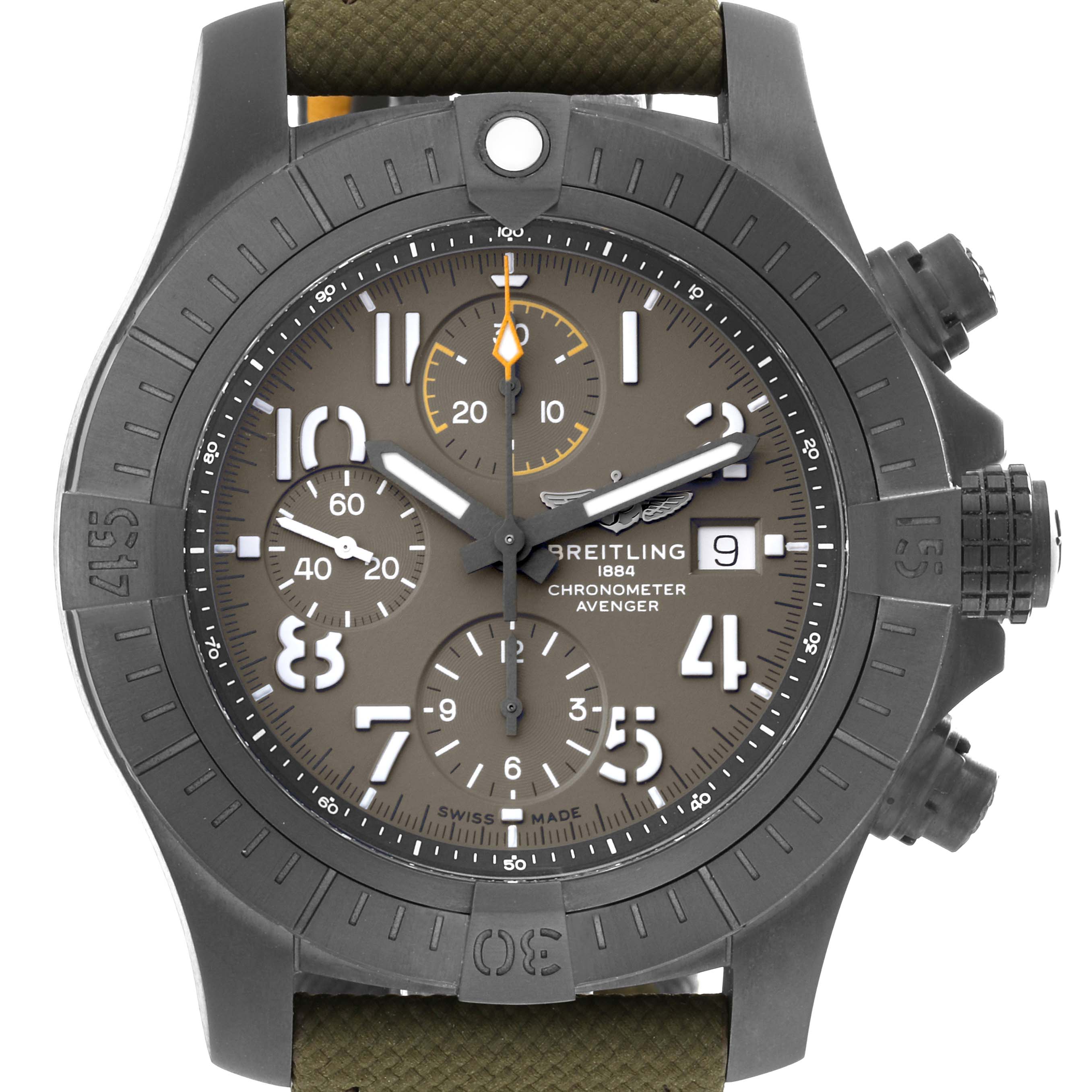 The Breitling Avenger V13317 Men's Titanium Green Dial V13317 Men's Titanium Green Dial watch is shown from a front angle, displaying its dial, bezel, subdials, and crown.