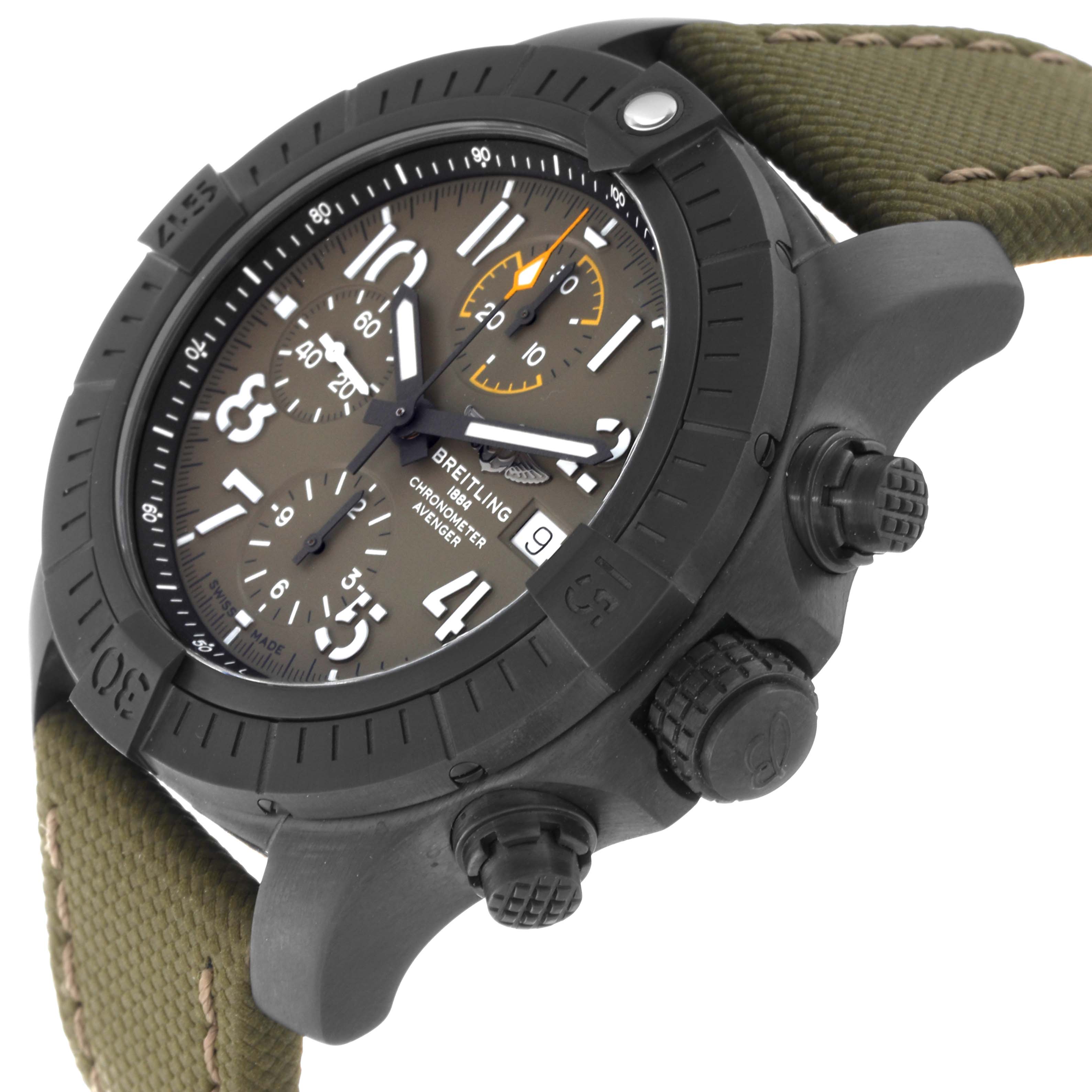 The image shows a side angle view of a Breitling Avenger V13317 Men's Titanium Green Dial V13317 Men's Titanium Green Dial watch, highlighting its bezel, dial, crown, and strap.