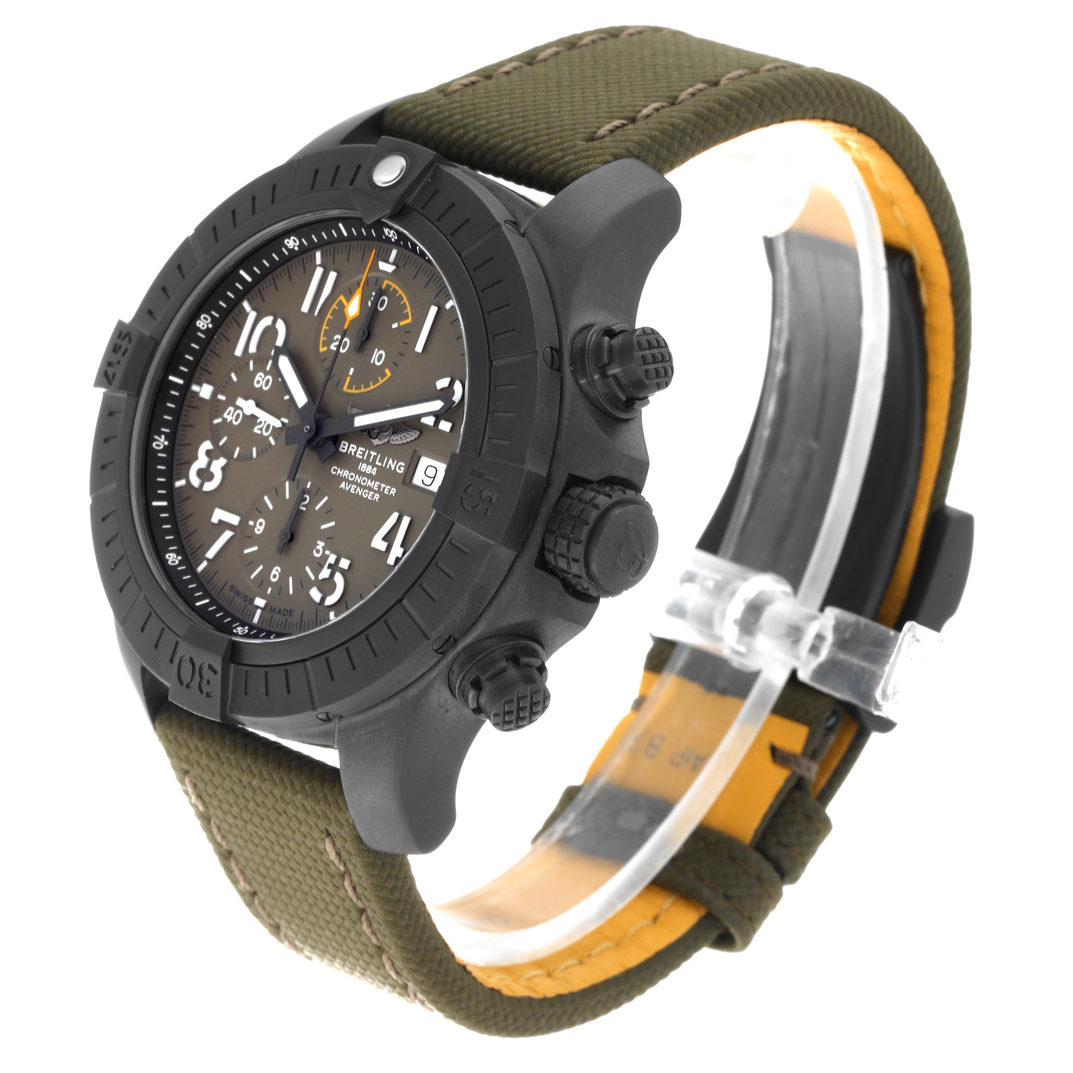 The Breitling Avenger V13317 Men's Titanium Green Dial V13317 Men's Titanium Green Dial watch is shown at an angled side view, displaying its face, dials, buttons, and green strap.