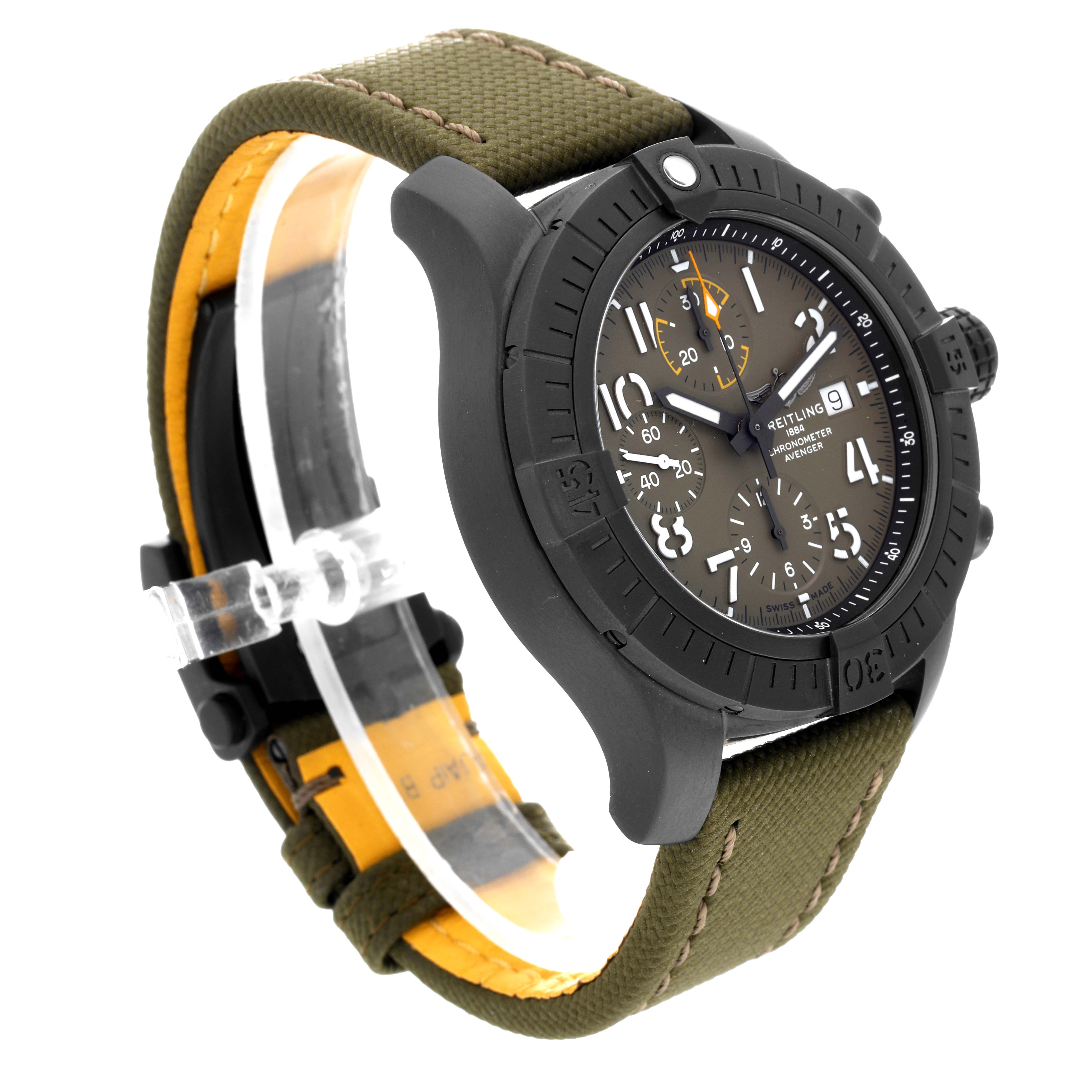 The image shows a side angle of the Breitling Avenger V13317 Men's Titanium Green Dial V13317 Men's Titanium Green Dial watch, highlighting its black bezel, face, and green fabric strap.